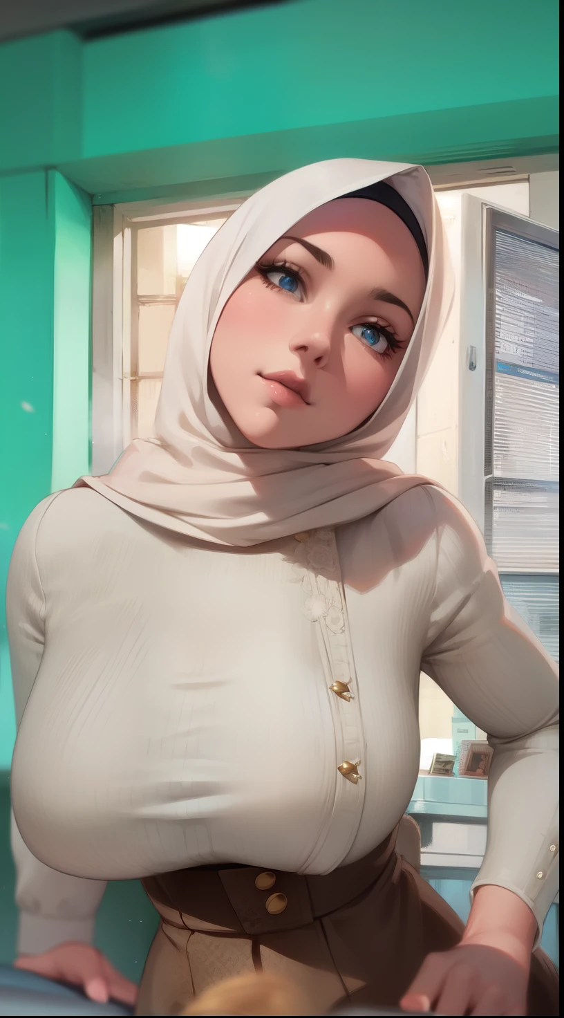 cute hijab woman, face focus, close-up potrait, gigantic breasts, muslim outfit