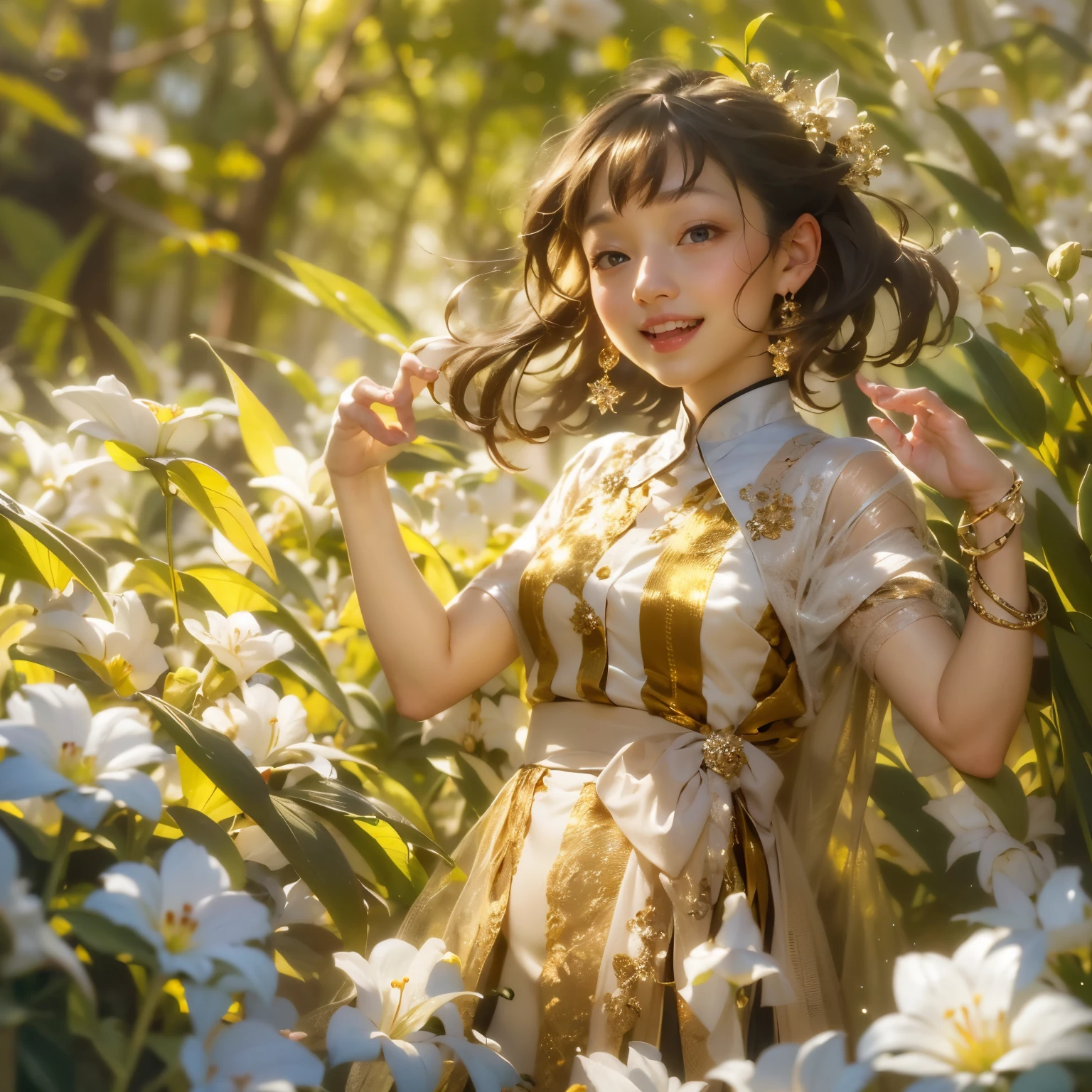 Blue eyes, 1 girl, full length holding a lily, yellow and green striped shirt with thicker stripes, red eyes glowing red, Head tilted, short brown hair, graceful head, with a clear smile on her face, Chara, golden background, stands among white flowers., brown hair, blunt bangs, hair between eyes, parted bangs, long eyelashes, earrings, light smile, Realism, Surrealism, Art Deco, chiaroscuro, backlighting, feet out of frame, masterpiece, anatomically correct, super detail, great details, award-winning, best quality, 1080P, HD