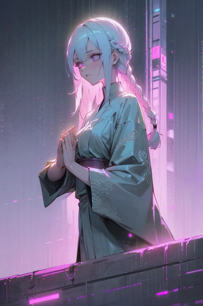 (Praying naked girl with white hair), (the body is thin and slender, tall), (standing at full height), (the girl has different eyes, one eye is blue, the other is green), (a girl against the backdrop of many skyscrapers in the cyberpunk style with neons ) (dark purple future theme), (4k HD resolution), (very good quality), (best quality), (detailed image), (top quality depth and sharpness) (bold colors and patterns), (Japanese hairstyle, 2 locks and a braid at the back), (girl praying), (skyscrapers in the background) (glowing neon signs), (cyberpunk cityscape), (LED lights), (skin texture complex details), (beautiful detailed face), ( ultra-detailed), (cinematic lighting), (anime illustration)