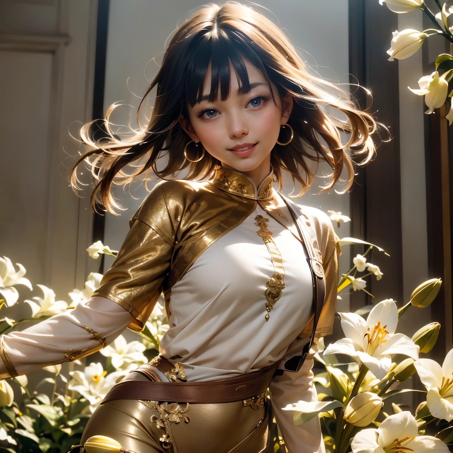 Blue eyes, 1 girl, full length holding a lily, yellow and green striped shirt with thicker stripes, red eyes glowing red, Head tilted, short brown hair, graceful head, with a clear smile on her face, Chara, golden background, stands among white flowers., brown hair, blunt bangs, hair between eyes, parted bangs, long eyelashes, earrings, light smile, Realism, Surrealism, Art Deco, chiaroscuro, backlighting, feet out of frame, masterpiece, anatomically correct, super detail, great details, award-winning, best quality, 1080P, HD