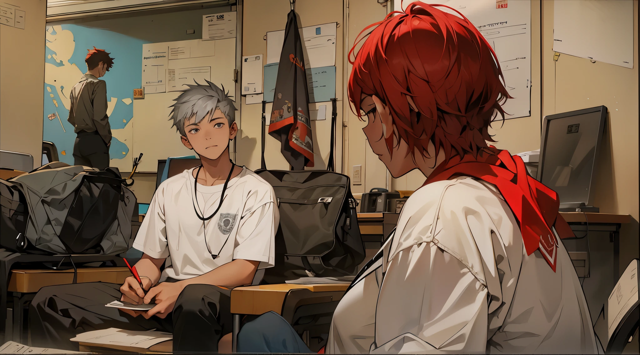 an 18 year old male student with short silver hair with gray eyes sitting in front of his teacher she has long red hair