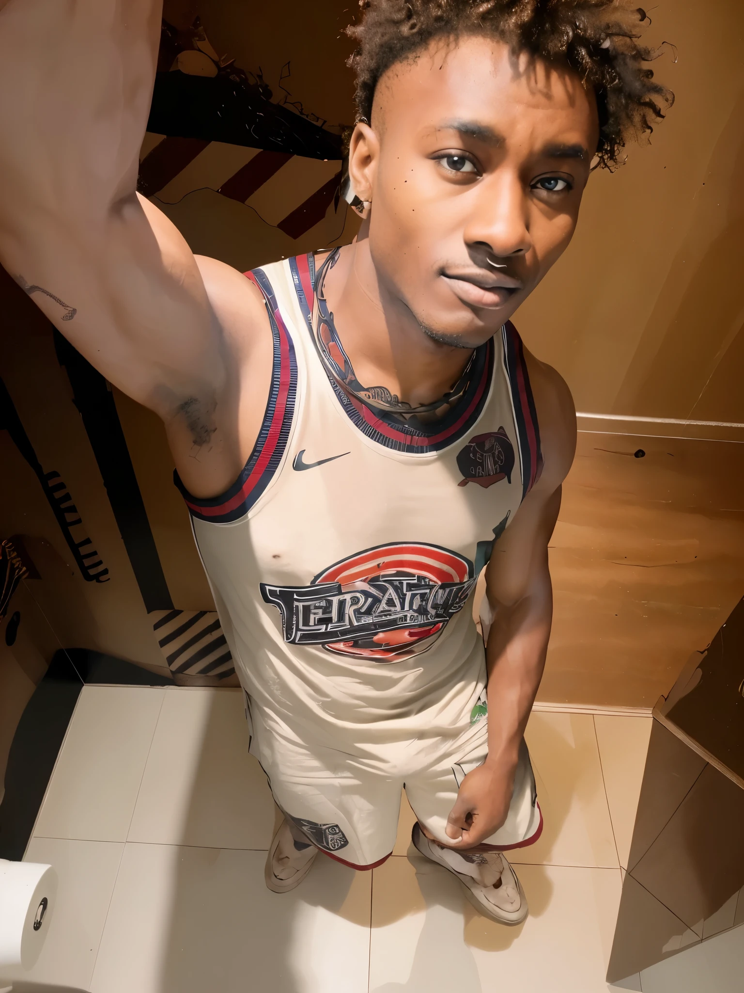 Very Muscular dark skinned African Man with arm tattoos