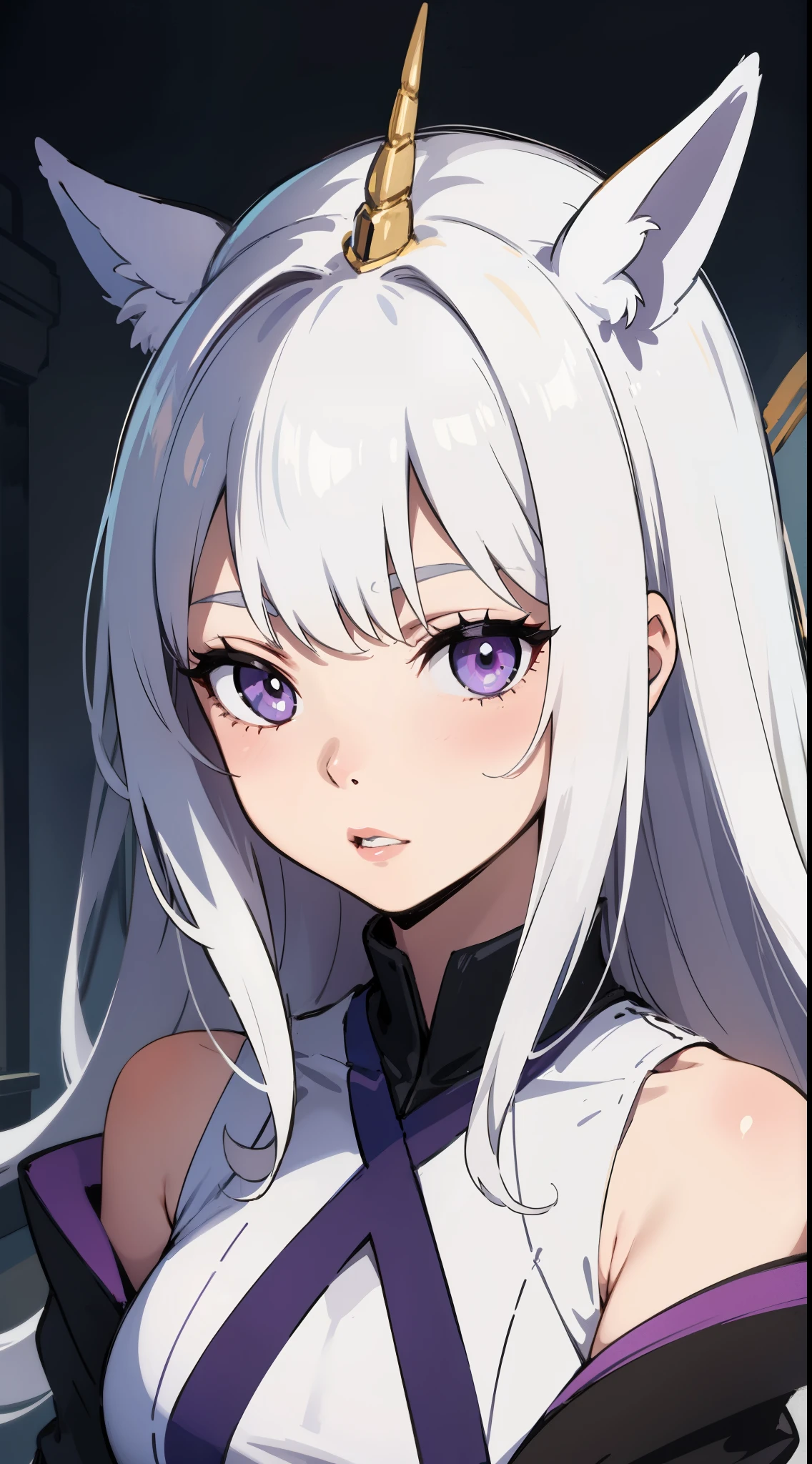 Unicorn Anthropomorphic Female High detail White hair Purple pupils