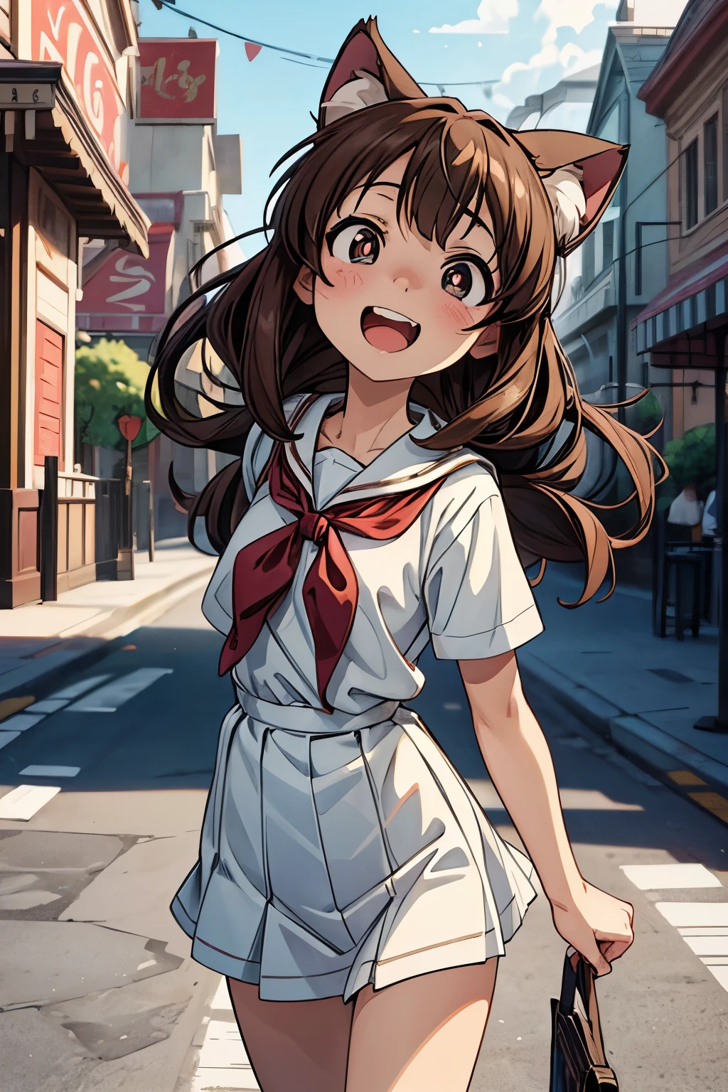 ((Masterpiece)), (Anime:1.5), ((best quality)), (Professional Photography:1.3), (High Definition), (RAW photo:1.2), (), 8K, cowboy shot, cinematic lighting, portlate, (Very unruly hair), Glossy skin, (Walking happily), In front of Disneyland, (slightly exposed small breast), (pure white school uniform), (horizontal pupils:1.5), Slender body, small breasts, Open mouth, (laughing face) Textured skin, Cat ears, Pale brown hair, Cute Beautiful Girl, (looking up:1.3),