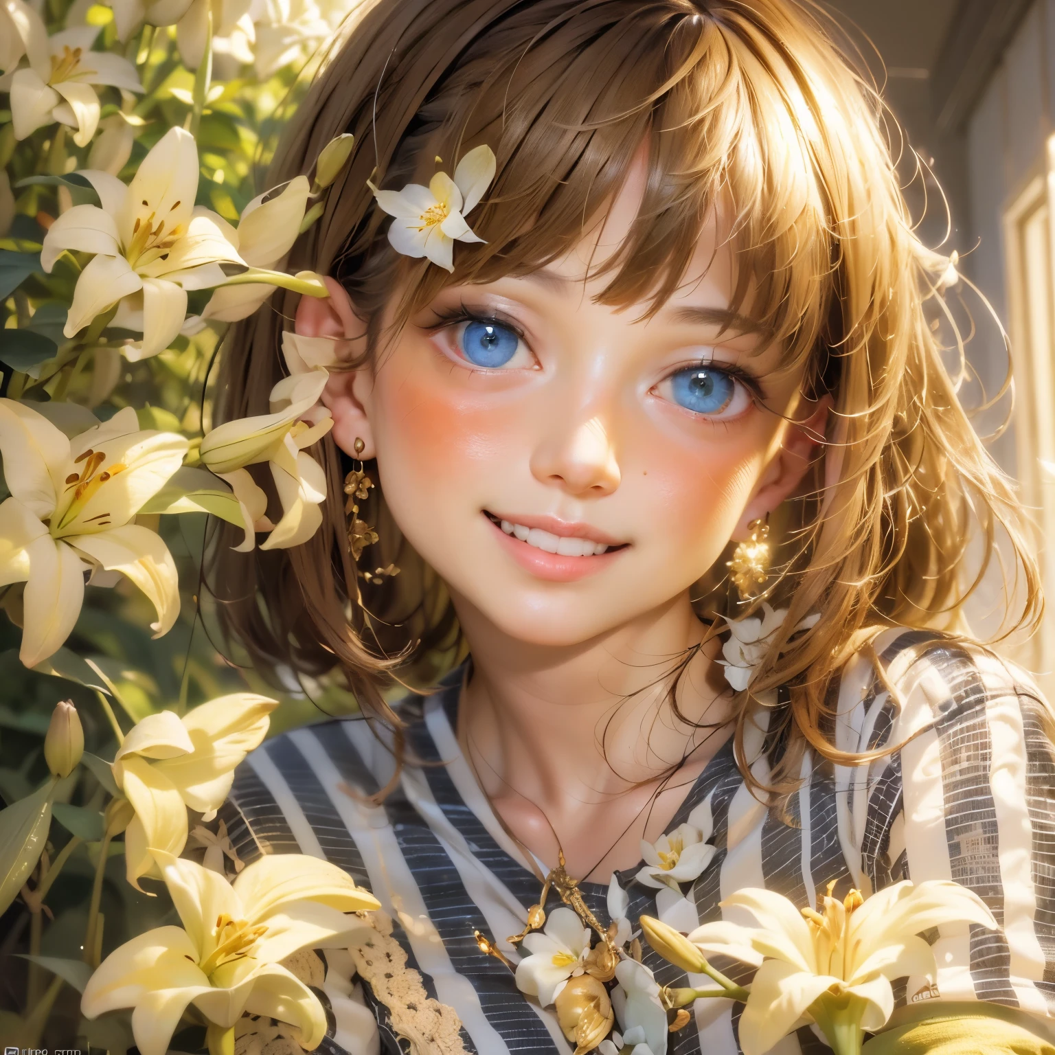 Blue eyes, 1 girl, full length holding a lily, yellow and green striped shirt with thicker stripes, red eyes glowing red, Head tilted, short brown hair, graceful head, with a clear smile on her face, Chara, golden background, stands among white flowers., brown hair, blunt bangs, hair between eyes, parted bangs, long eyelashes, earrings, light smile, Realism, Surrealism, Art Deco, chiaroscuro, backlighting, feet out of frame, masterpiece, anatomically correct, super detail, great details, award-winning, best quality, 1080P, HD