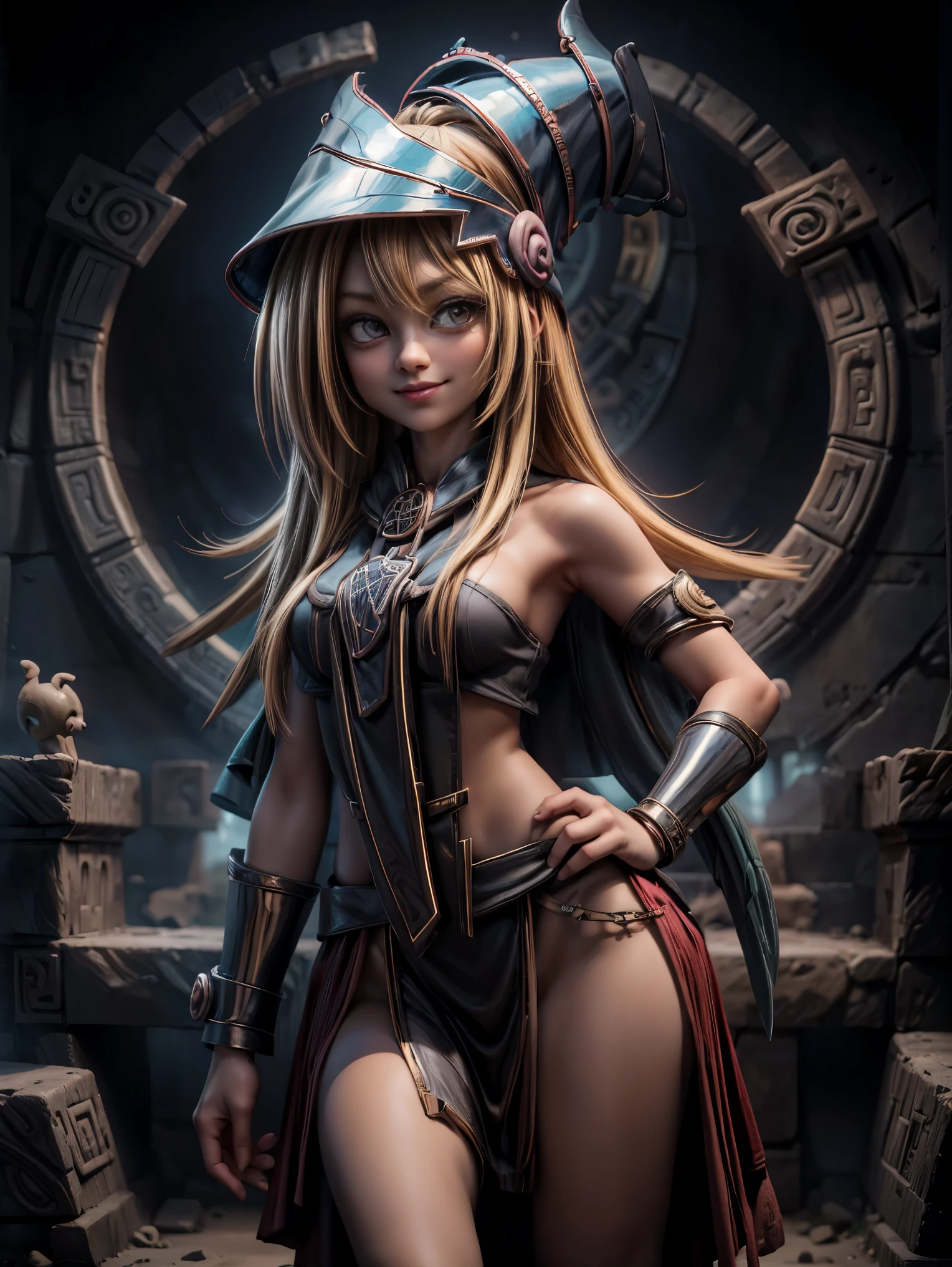 25 year old woman is Dark magician gils Mayan version she is standing, Magic hearts background. Sonrisa en sus labios. Ojos celestes. blond hair. ruinas mayas . Un ave quetzal vuela a su alrededor