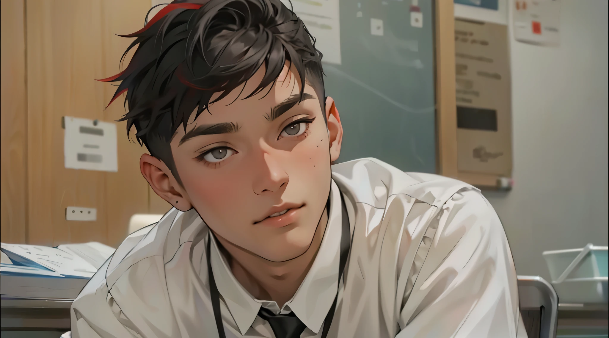 an 18 year old male student with short silver hair with gray eyes sitting in front of his teacher she has long red hair, hacer que hable con la boca abierta