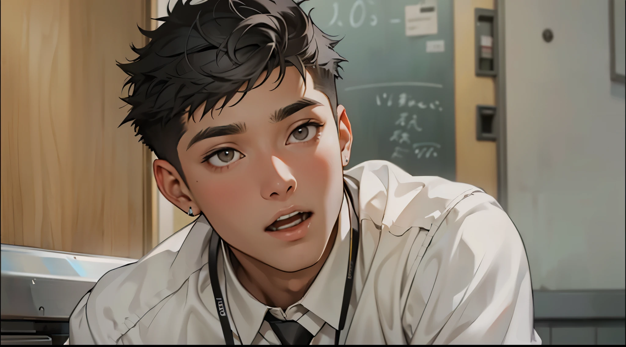 An 18 year old male student with short silver hair with gray eyes is talking to someone and opens his mouth.
