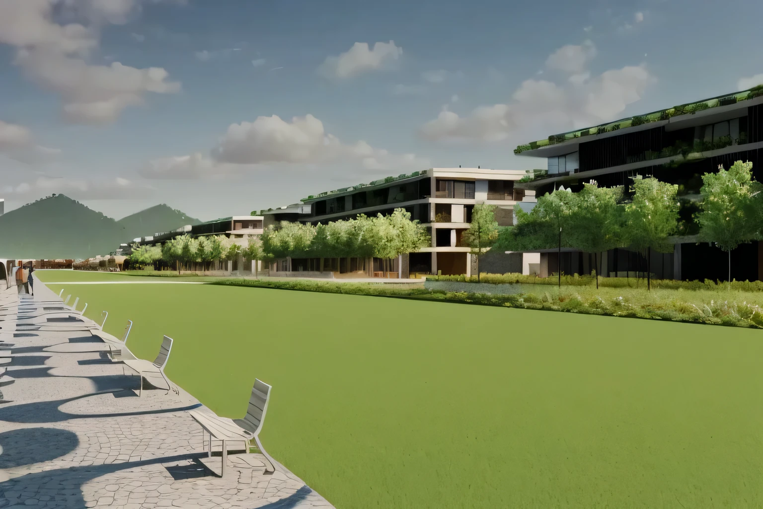 rendering of a park with benches and a walkway in front of a building, artistic print, artistic print, architectural visualization, architectural rendering, artistic print, digital renderinging, conceptual, Sharp HQ rendering, architectural 3D rendering, conceptual rendering, architectural rendering, digital rendering, architectural renderinging, cgi render, a digital renderinging, tiro de estabelecimento amplo, lumion rendering, there are people and birds