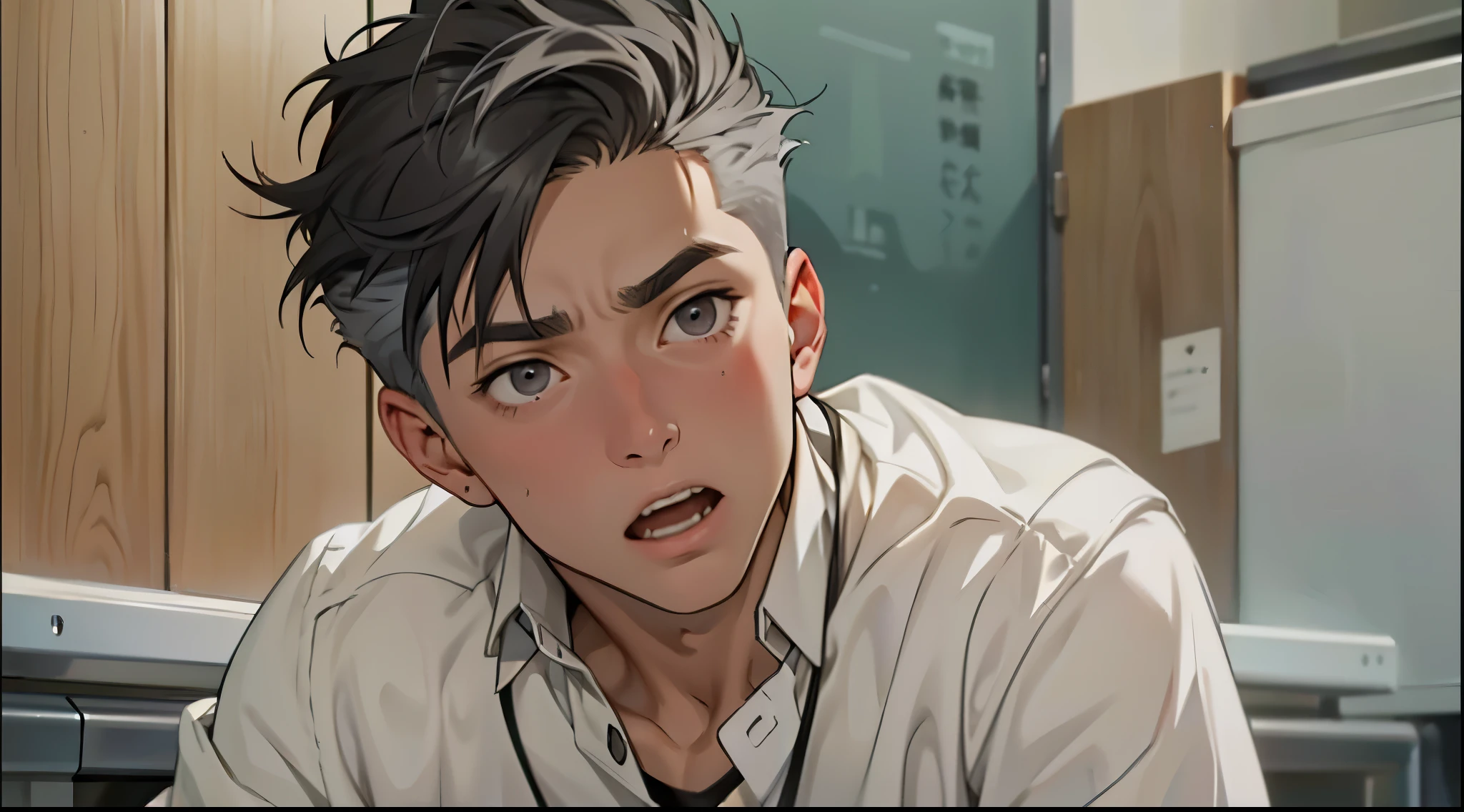 He is surprised He is incredulous He denies He shouts no An 18-year-old male student with short silver hair with gray eyes is talking to someone Opens his mouth