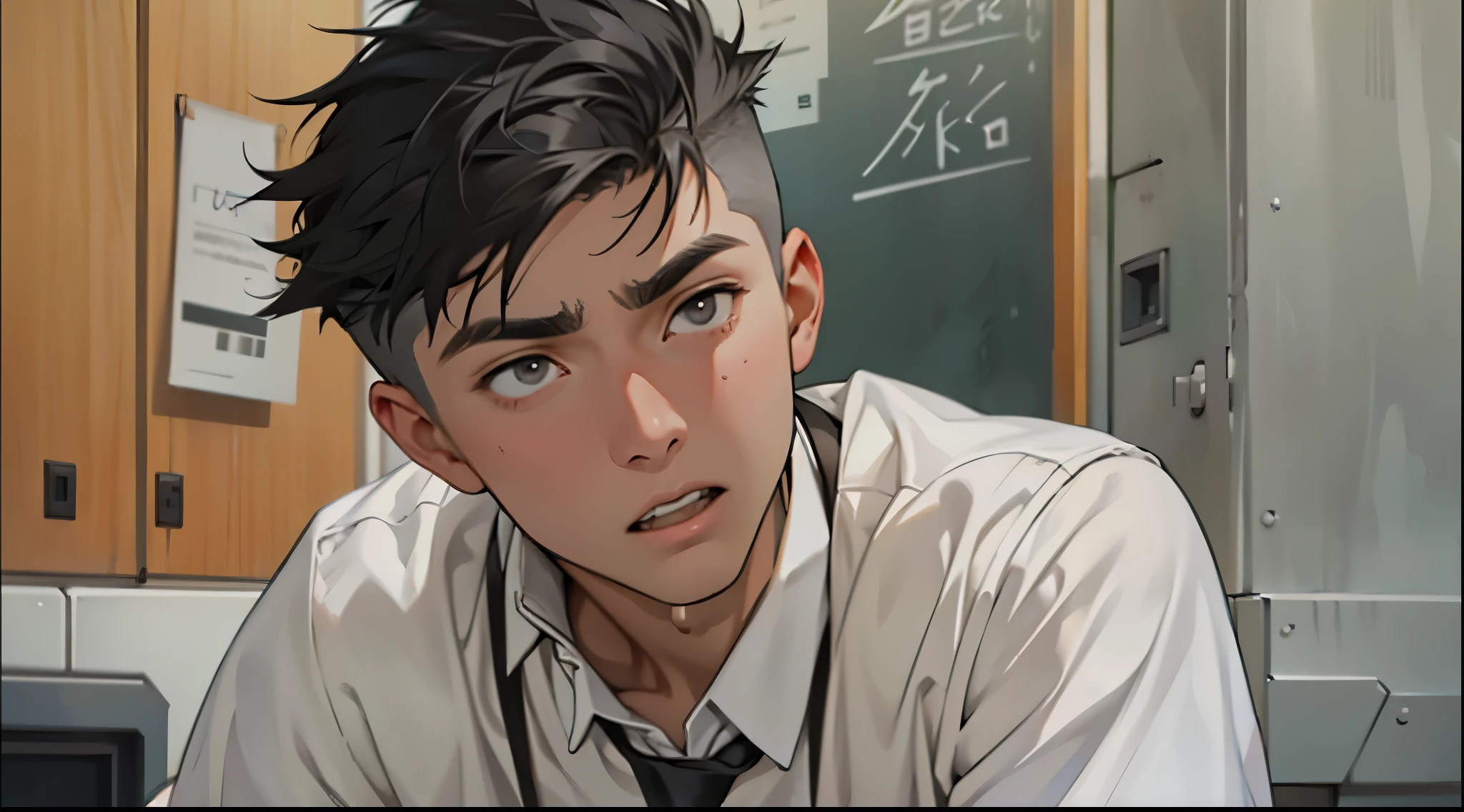 He is surprised He is incredulous He denies He shouts no An 18-year-old male student with short silver hair with gray eyes is talking to someone Opens his mouth 