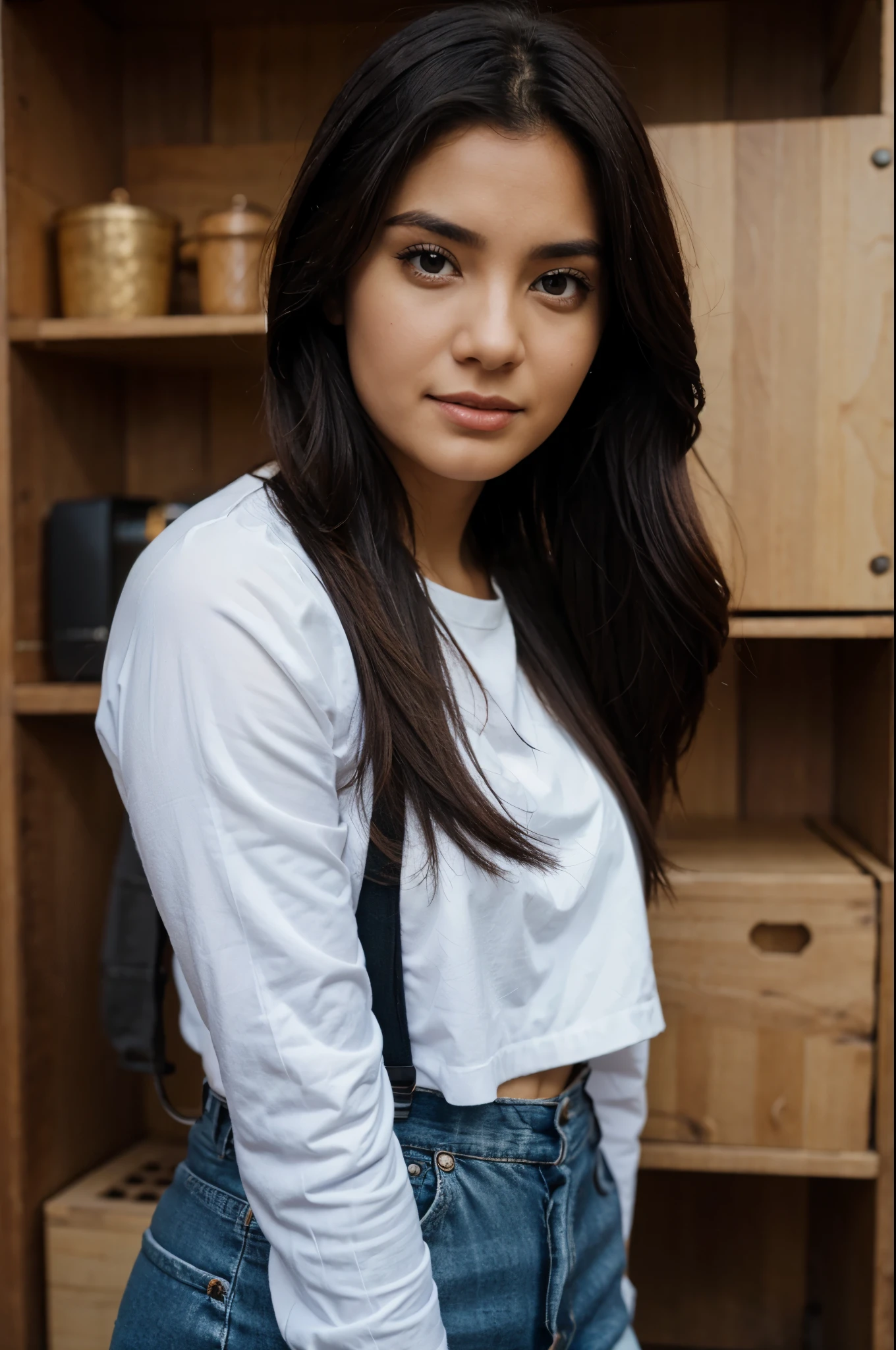 A 33-year-old Mexican woman, medium black hair, brown eyes, without glasses, medium body, medium chest, dressed in a white blouse, black skirt
