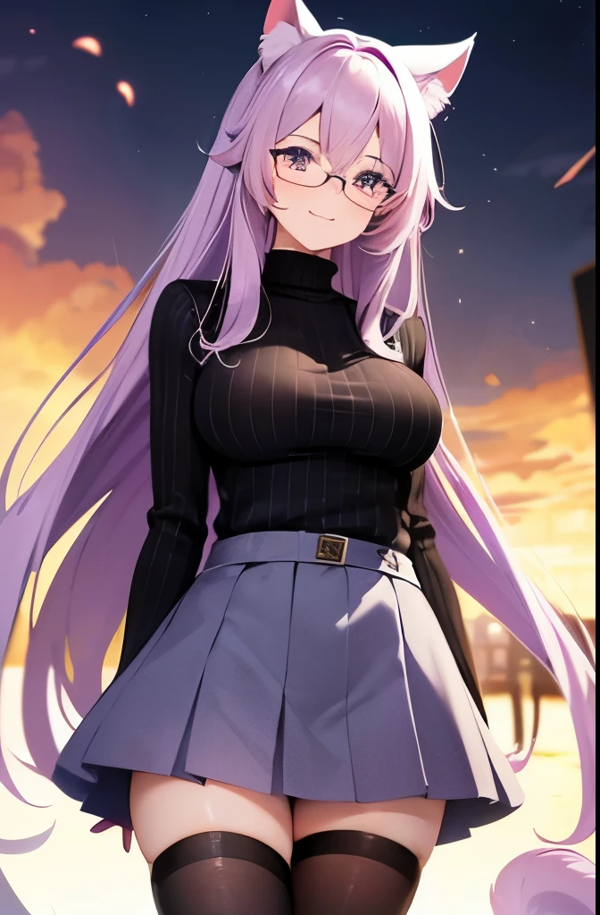 Masterpiece, Best quality, 1 girl, ((I look at the viewer)), Lilac hair, purple eyes, long hair, Ahoge, sweater, sweater skirt, tights, 163 cm, hair between eyes, big breasts, adult, 33 years old, mature, glasses, One, sole, smile, cat's ears, cat tail, fang, cat girl, animal ears