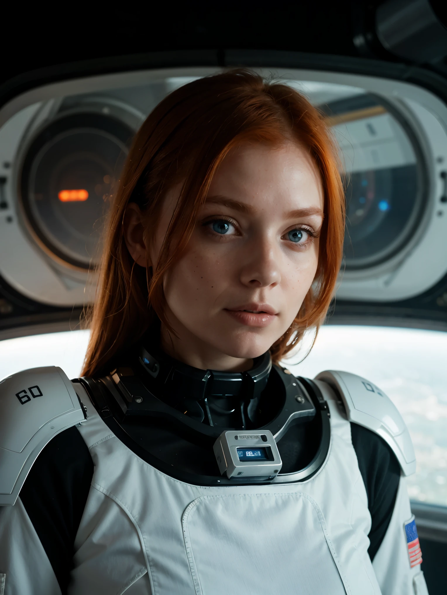 photo of a ginger woman, in space, futuristic space suit, (freckles:0.8) cute face, sci-fi, dystopian, detailed eyes, blue eyes and naked