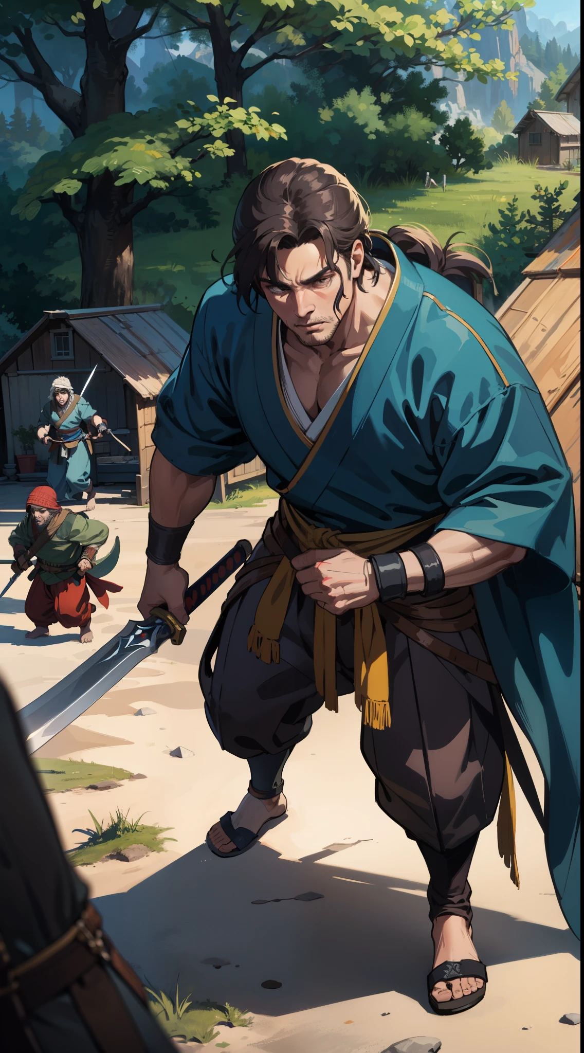 masterpiece, very detailed, ultra realistic, detailed background, bright lighting, daylighting,, (swordsman fighting bandits in a square surrounded by forestountain hut), (wide angle),