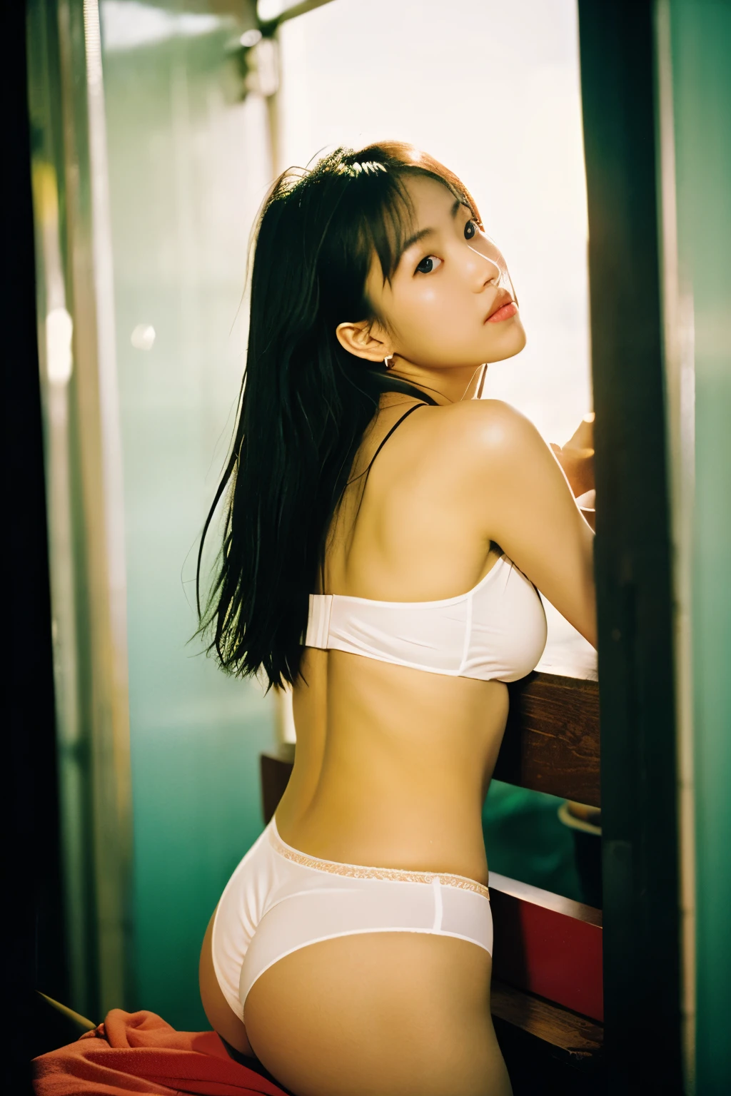 A picture of a beautiful woman in the world of Korean K-Pop, summer, erotic, Film grains, إلفورد HP5, 80 mm