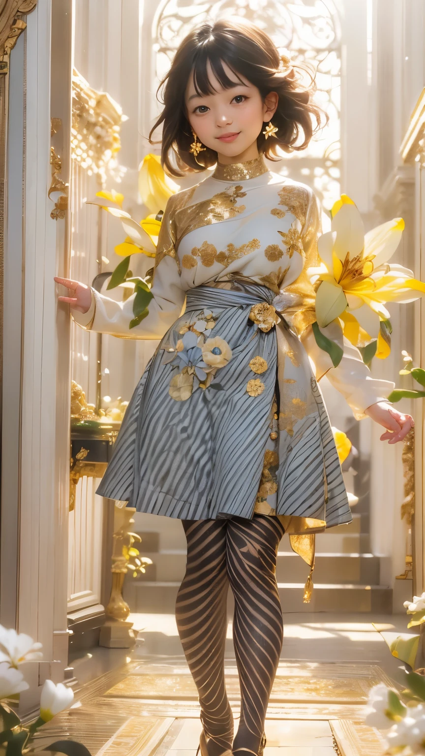 Blue eyes, 1 girl, full length holding a lily, yellow and green striped shirt with thicker stripes, red eyes glowing red, Head tilted, short brown hair, graceful head, with a clear smile on her face, Chara, golden background, stands among white flowers., brown hair, blunt bangs, hair between eyes, parted bangs, long eyelashes, earrings, light smile, Realism, Surrealism, Art Deco, chiaroscuro, backlighting, feet out of frame, masterpiece, anatomically correct, super detail, great details, award-winning, best quality, 1080P, HD