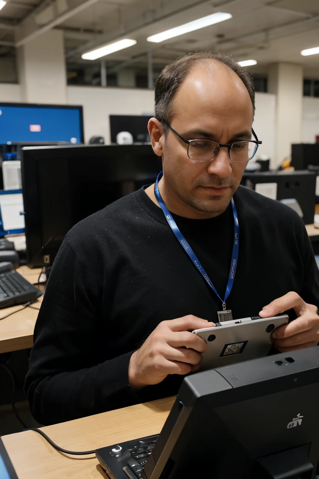 a man, works with technology infrastructure, approximately 35 years old, wearing a badge, within an electronics industry