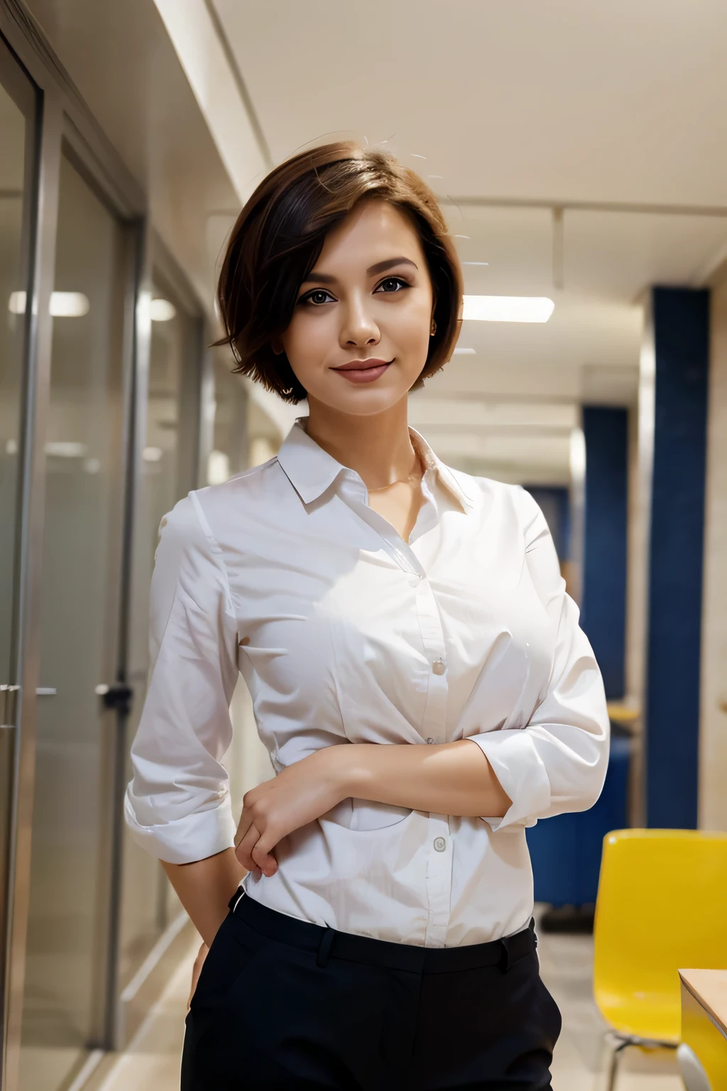 1 femme, short Hair, business , colorful background, standing straight, looking happy, jupe courte, turkish, background blurred