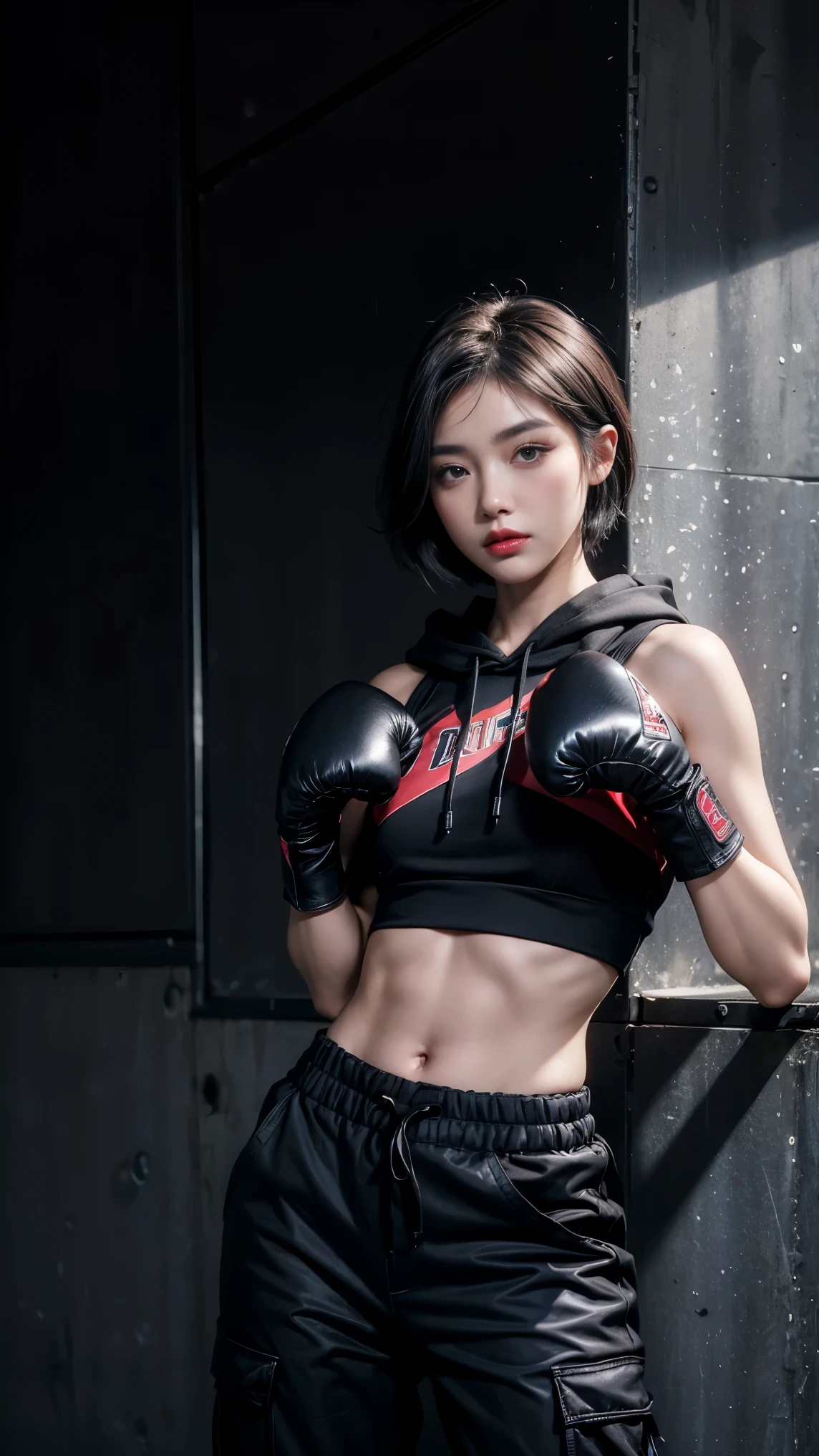 best quality, Clarity, 4k, 8k, detail, actual, Beautiful Girl, Korean makeup, Red lips, blue short haired, Perfect body, stand, pose standing, medium chest, ((black hoodies)), ((black Cargo Box Pants)), (((black boxing gloves))),boxing,dark room background,detail