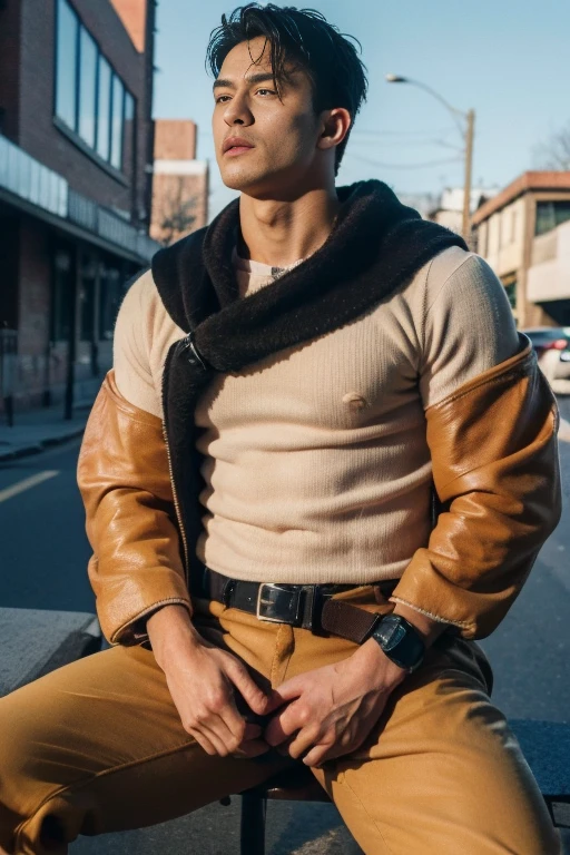 top-quality、​masterpiece、超A high resolution、(realisitic:1.4)、Detailed face、solo、１human male、Dark hair、glistning skin、dense skin、(asian human)、architectural、(absurderes、hight resolution、ultra-detailliert)、、1 male、Adults、(20-year-old man)、a handsome、tall muscular man、broad shoulder、extra very short hair、angular jaws、thick neck、thick eyebrow、extra very short hair、A dark-haired、fine eyes and detailed face、 Highly detailed CG Unity 8K wallpapers、intricate-detail、(Style Swirl Magic:0.7)、looking at the spectator、solo、(full body Esbian:0.6)、Detailed background、A detailed face、dynamicposes、、Urban background、dynamic compositions、 big muscle、、((((Crotch bulge))))、a handsome、 ((masutepiece:1.4, Best Quality)), ((masutepiece, Best Quality)), (photographrealistic:1.4)、(((Dressed as a firefighter)))、M-shaped legs, Pubic hair, Open legs, ,  Abs, ((Erection 1.2)), (Moccoli: 1.4), (Manly chest plate)), Sweating, (He is wet, Wet 1.2),, (Slipping thin underwear, Wet and beautiful 1.4)), Blood vessels in the arm、、Chinese Bishonen、firefighter、white glove、black cargo trousers、Orange jacket coat,natta、Fire scene、firefighter、Rescue Team、having clothes are worn、Baseball Cap, Cropped jacket,  Black Gloves, Belt bag, Cowboy Shot,Background of the accident