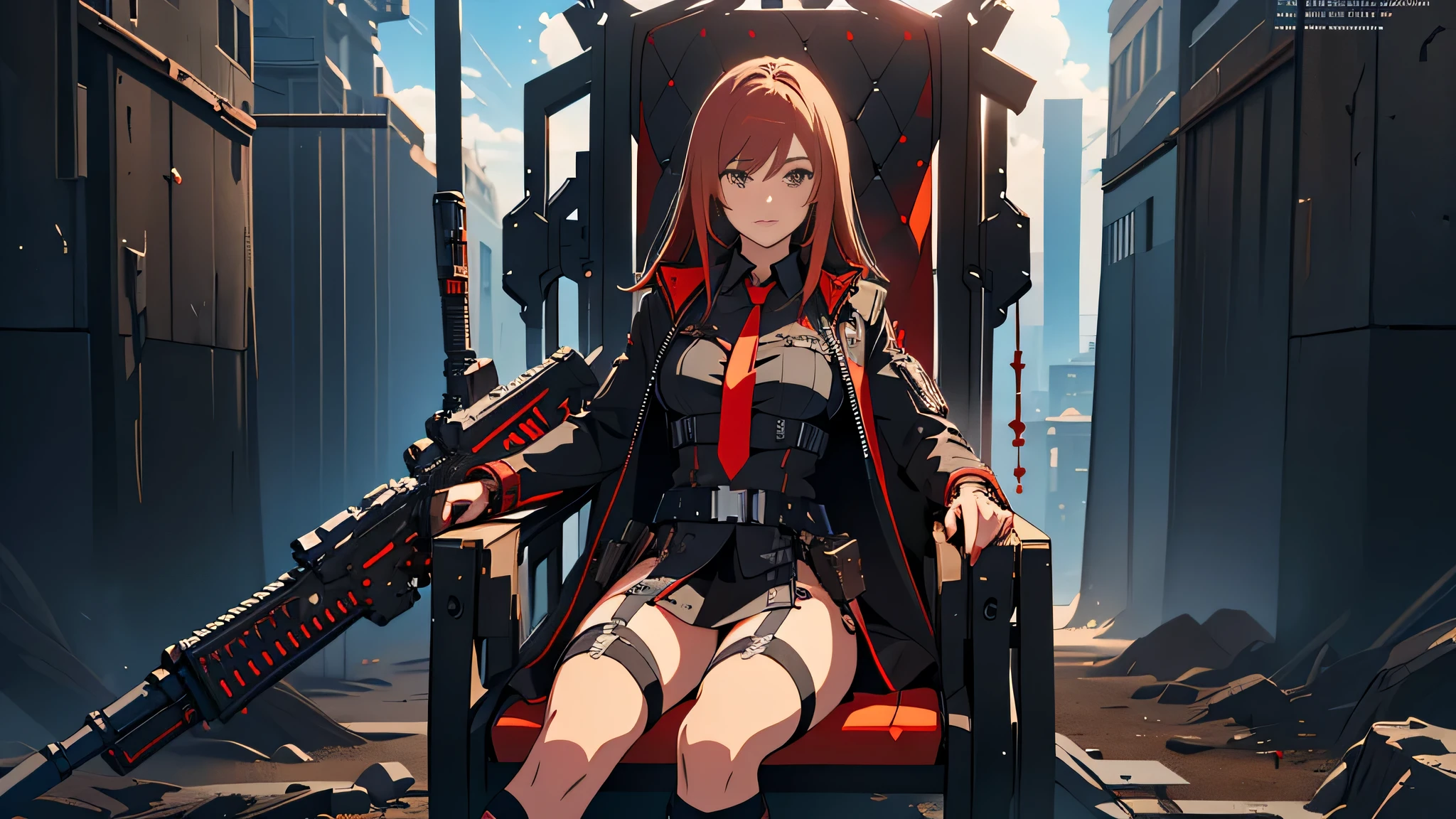 ((Best quality)), ((masterpiece)), (detailed:1.4), 3D, an image of a beautiful cyberpunk female, long burning red hair, burning hair, light brown eyes, Sharp eyes, Detailed Eyes, red Barret, Black Soldier Shirt, Black under cloth, black panty, Grenade belt, Big chest, Big thigh, High thigh black knee sock, full view of girl, black combat boot, red necktie, black glove, black combat suit, black jacket, black cloak, black panty, ammo belt, sitting on swinging chair, wide grassland as background, bright sky, evening time, outside, weapon, Barretta, Battle Rifle , 8k, high res,rapi nikke, HDR (High Dynamic Range),Ray Tracing,NVIDIA RTX,Super-Resolution,Unreal 5,Subsurface scattering,PBR Texturing,Post-processing,Anisotropic Filtering,Depth-of-field,Maximum clarity and sharpness,Multi-layered textures,Albedo and Specular maps,Surface shading,Accurate simulation of light-material interaction,Perfect proportions,Octane Render,Two-tone lighting,Wide aperture,Low ISO,White balance,Rule of thirds,8K RAW,