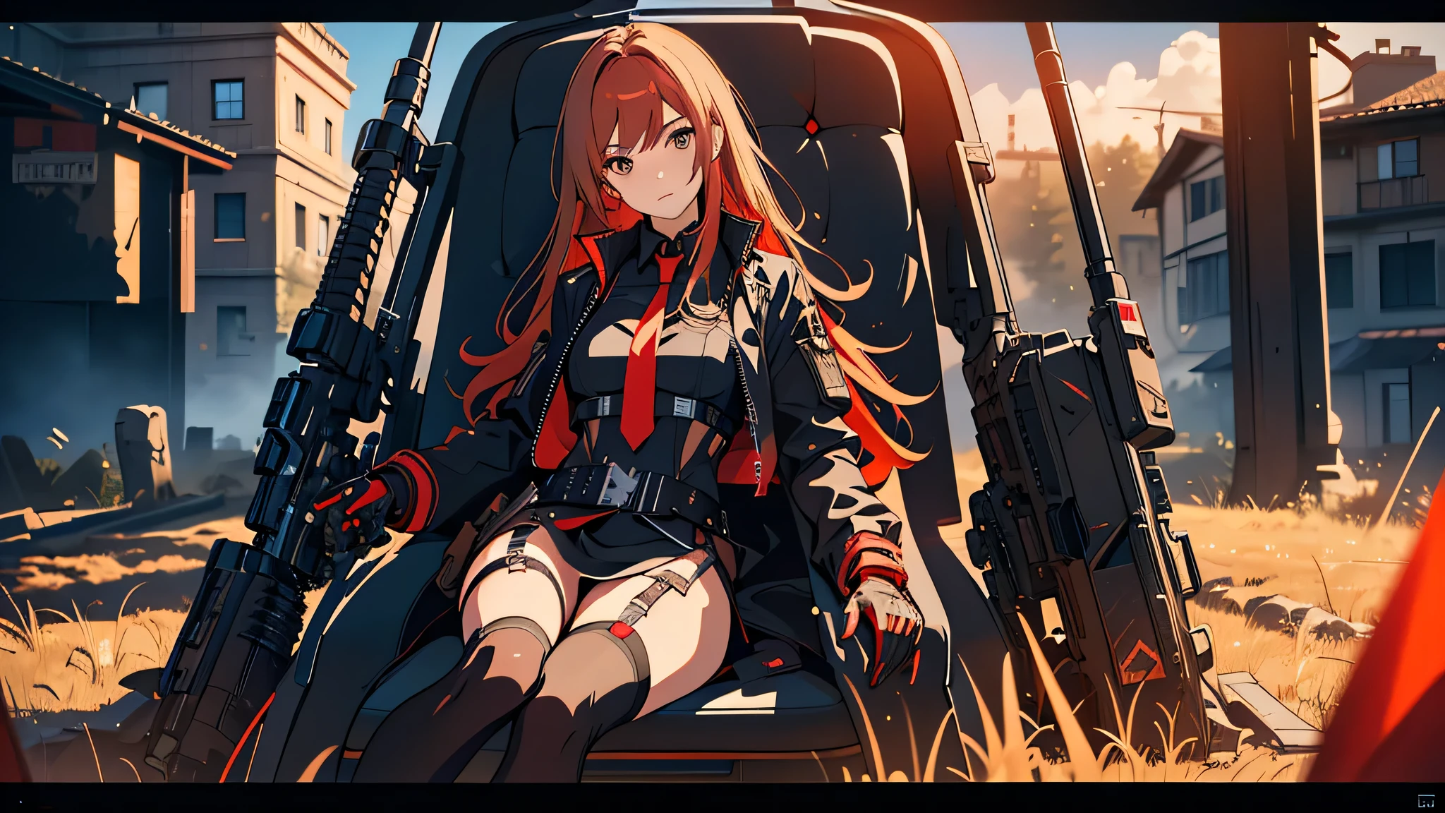 ((Best quality)), ((masterpiece)), (detailed:1.4), 3D, an image of a beautiful cyberpunk female, long burning red hair, burning hair, light brown eyes, Sharp eyes, Detailed Eyes, red Barret, Black Soldier Shirt, Black under cloth, black panty, Grenade belt, Big chest, Big thigh, High thigh black knee sock, full view of girl, black combat boot, red necktie, black glove, black combat suit, black jacket, black cloak, black panty, ammo belt, sitting on swinging chair, wide grassland as background, bright sky, evening time, outside, weapon, Barretta, Battle Rifle , 8k, high res,rapi nikke, HDR (High Dynamic Range),Ray Tracing,NVIDIA RTX,Super-Resolution,Unreal 5,Subsurface scattering,PBR Texturing,Post-processing,Anisotropic Filtering,Depth-of-field,Maximum clarity and sharpness,Multi-layered textures,Albedo and Specular maps,Surface shading,Accurate simulation of light-material interaction,Perfect proportions,Octane Render,Two-tone lighting,Wide aperture,Low ISO,White balance,Rule of thirds,8K RAW,