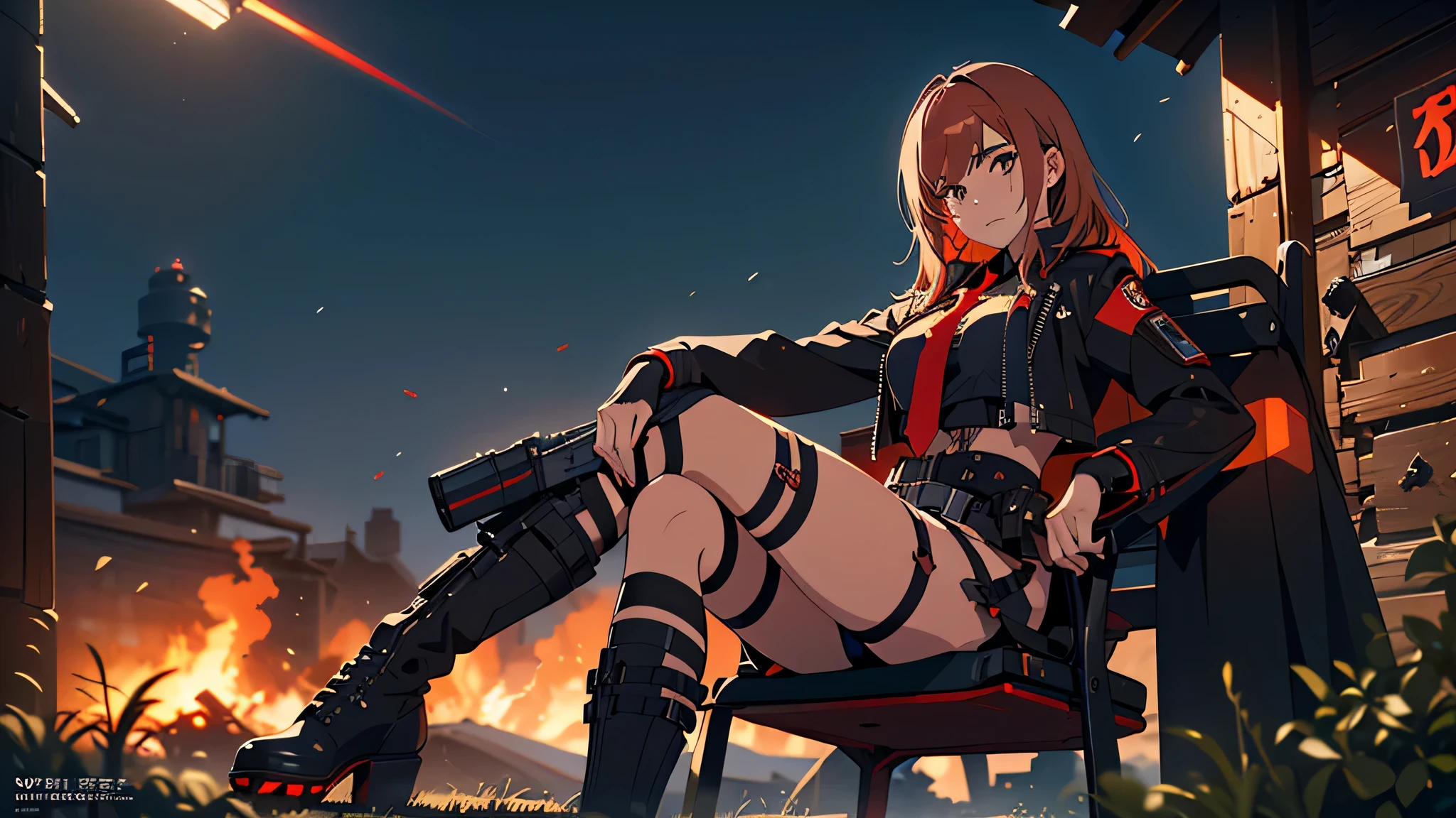 ((Best quality)), ((masterpiece)), (detailed:1.4), 3D, an image of a beautiful cyberpunk female, long burning red hair, burning hair, light brown eyes, Sharp eyes, Detailed Eyes, red Barret, Black Soldier Shirt, Black under cloth, black panty, Grenade belt, Big chest, Big thigh, High thigh black knee sock, full view of girl, black combat boot, red necktie, black glove, black combat suit, black jacket, black cloak, black panty, ammo belt, sitting on swinging chair, wide grassland as background, bright sky, evening time, outside, weapon, Barretta, Battle Rifle , 8k, high res,rapi nikke, HDR (High Dynamic Range),Ray Tracing,NVIDIA RTX,Super-Resolution,Unreal 5,Subsurface scattering,PBR Texturing,Post-processing,Anisotropic Filtering,Depth-of-field,Maximum clarity and sharpness,Multi-layered textures,Albedo and Specular maps,Surface shading,Accurate simulation of light-material interaction,Perfect proportions,Octane Render,Two-tone lighting,Wide aperture,Low ISO,White balance,Rule of thirds,8K RAW,