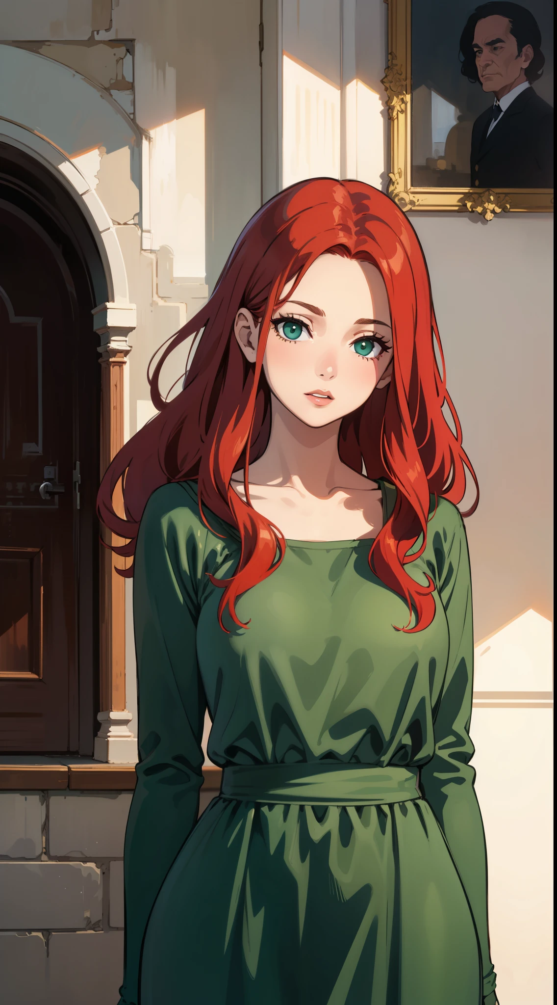 HD, (Best Detail) (Best Quality), redhead woman posing for photo with long red hair and green dress, mature and gorgeous, natural light and shadow