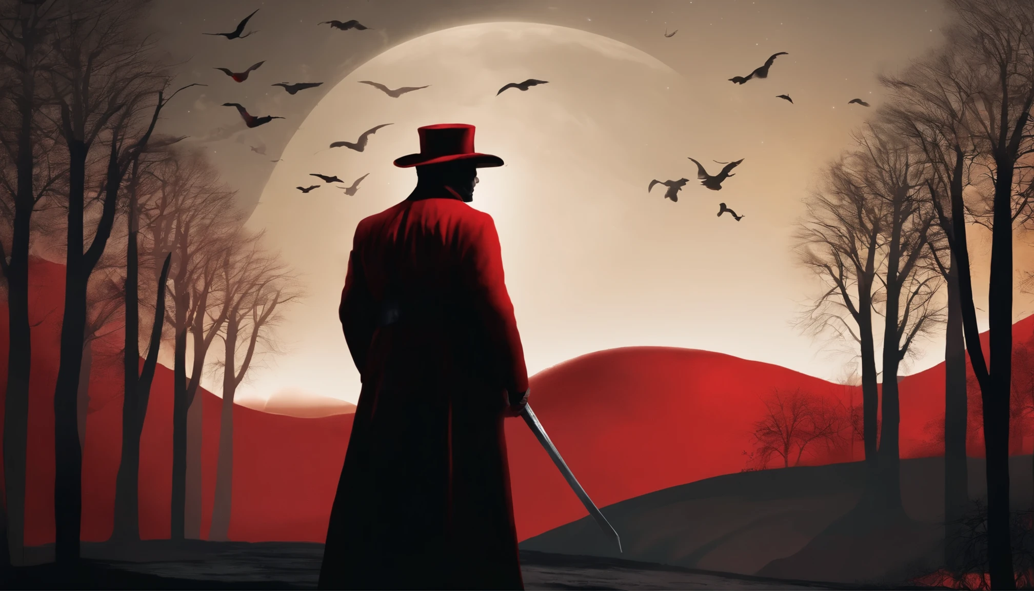 Describe an enigmatic man in a black and red hat, wearing red and black clothes and a black cape, who moves in the night wind. His face has a penetrating look, with strong features, vibrant and mysterious eyes. being in a mystical and mysterious environment under the moonlight and surrounded by crosses.