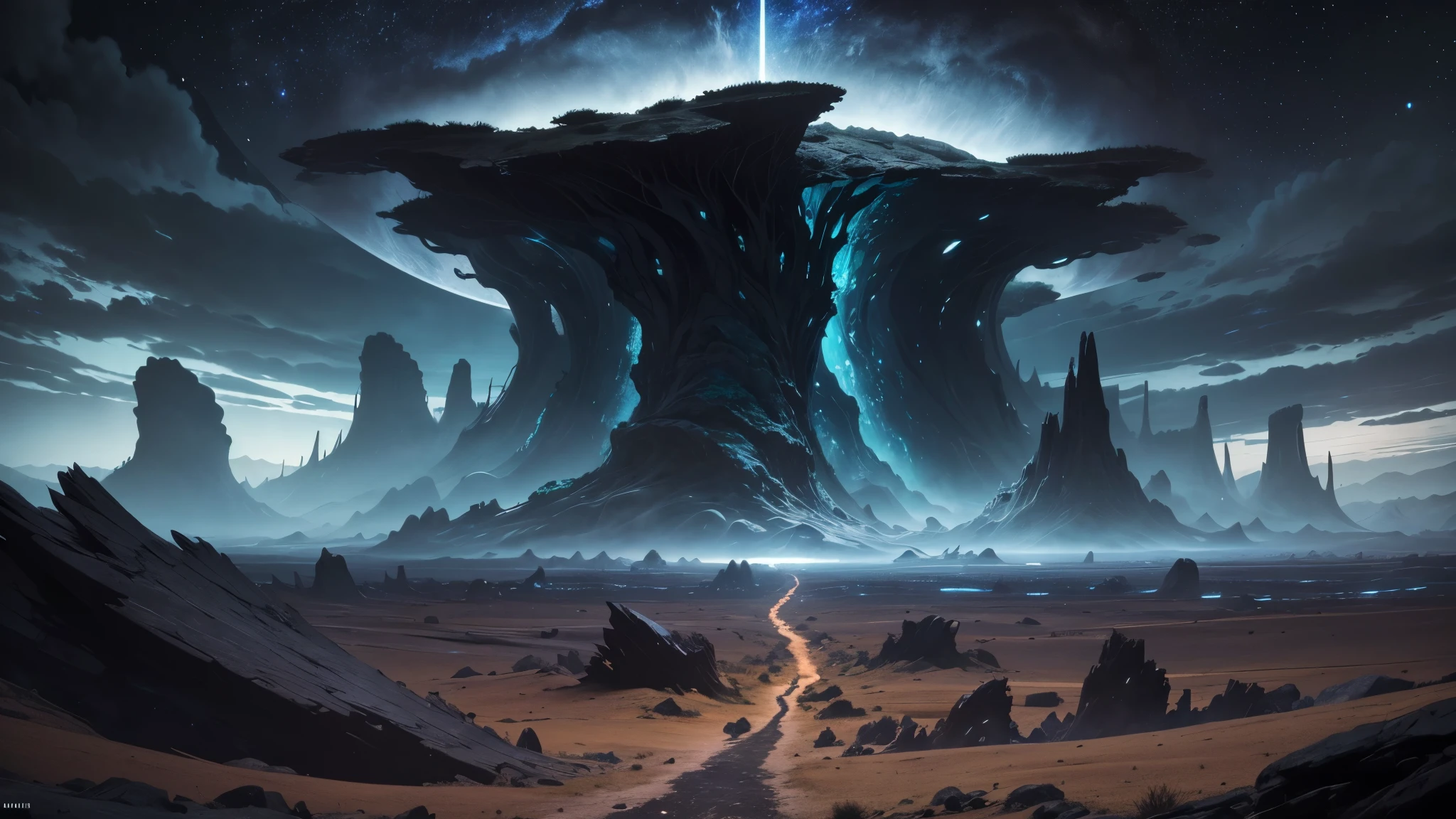 cosmic horror scene on an uninhabited planet unlike anything ever seen, vast vegetation and complex that resembles tentacles, rocks everywhere (large and small), dark gray sky, heavy clouds, mountains in the distance.