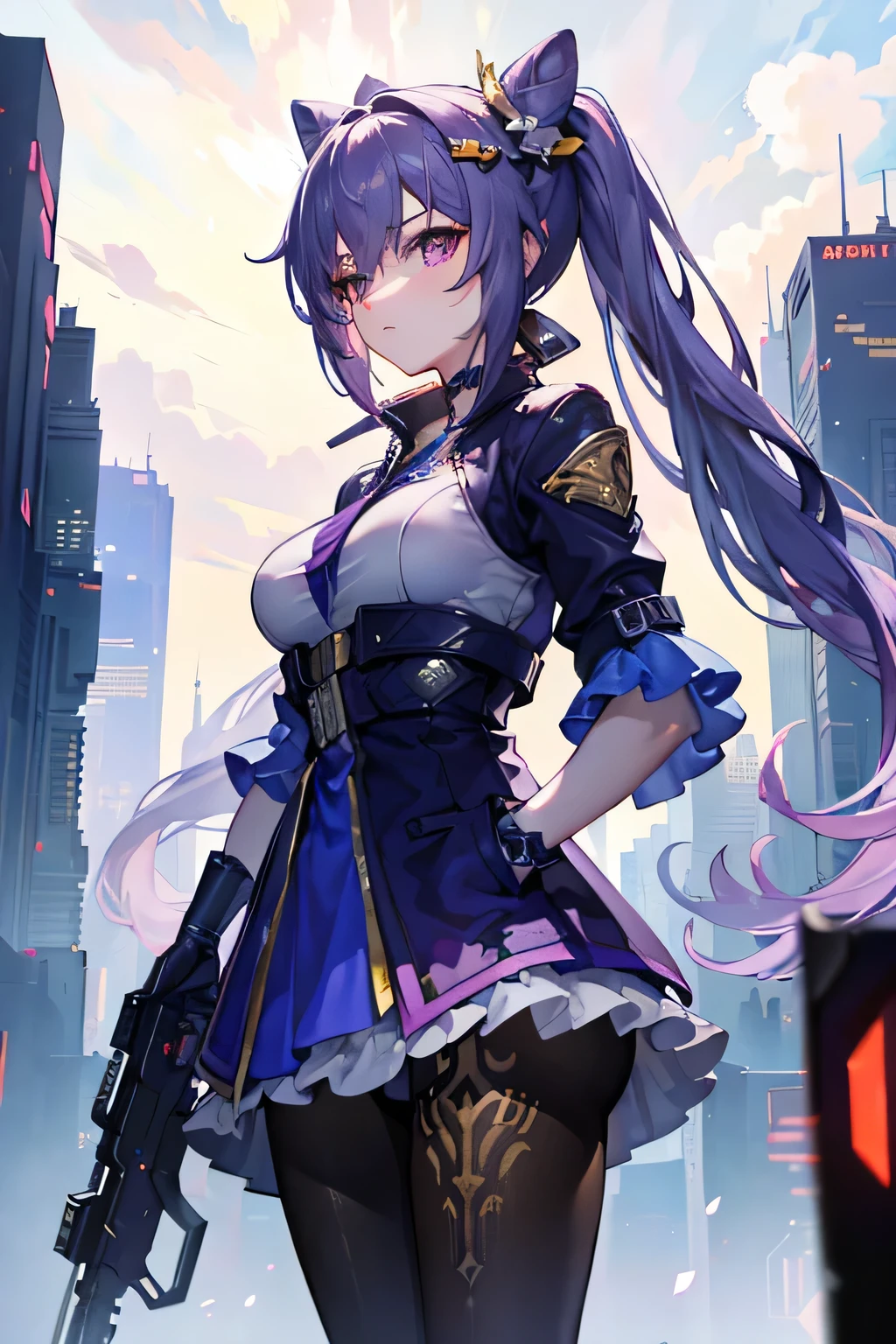 masterpiece,(bestquality),highlydetailed,ultra-detailed,1girl,(cyberpunkcity:1.5,weapon:gun),(fantasylandscape:1.2,natural lighting:1.5,confidentexpression),(panorama:1.2),mecha,
