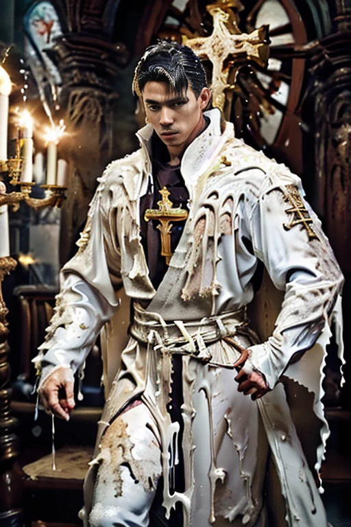 realistic, masterpiece, intricate details, detailed background, depth of field, photo of a handsome (korean man), w4x4rmor, wearing wax priest robe, (dynamic pose), fighting stance, fantasy background, cinematic composition, covered in , pectorals, thighs, portrait, candle, tabard, cross, church,