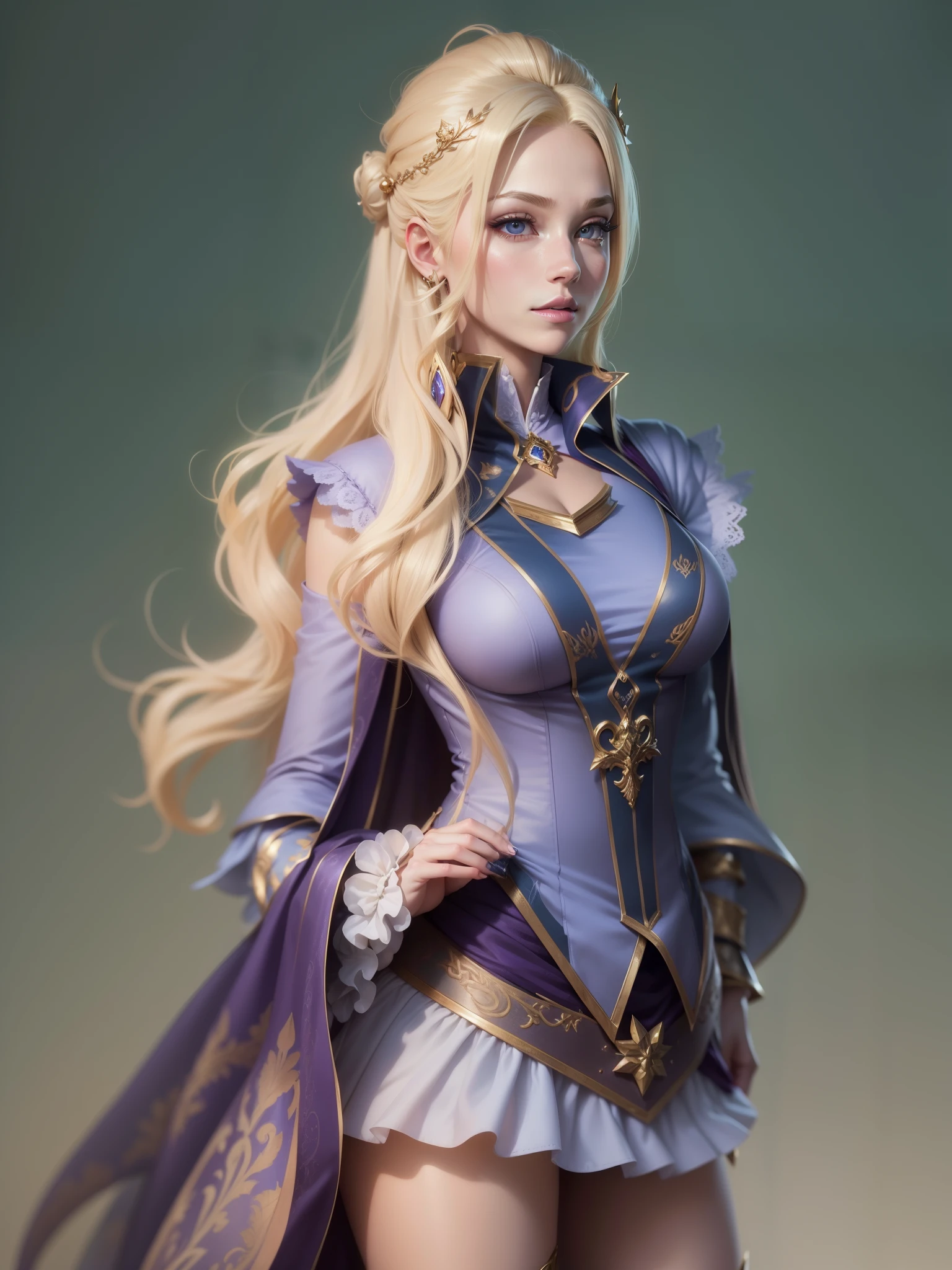 long blond hair woman in purple dress, elegant glamorous cosplay, glamorous cosplay, money, blonde hair princess, money as a super villain, gorgeous cosplay, alexa grace, Epic battle fantasy Natalie, blonde hair with pigtails, Anna Nikonova、Also known as New Milky, Samira from League of Legends,be familiar with,realistic, be familiar with, skin texture, hyper be familiar with, realistic skin texture, armature, highest quality, 超High resolution, (写真realistic:1.4),, High resolution, be familiar with, 
