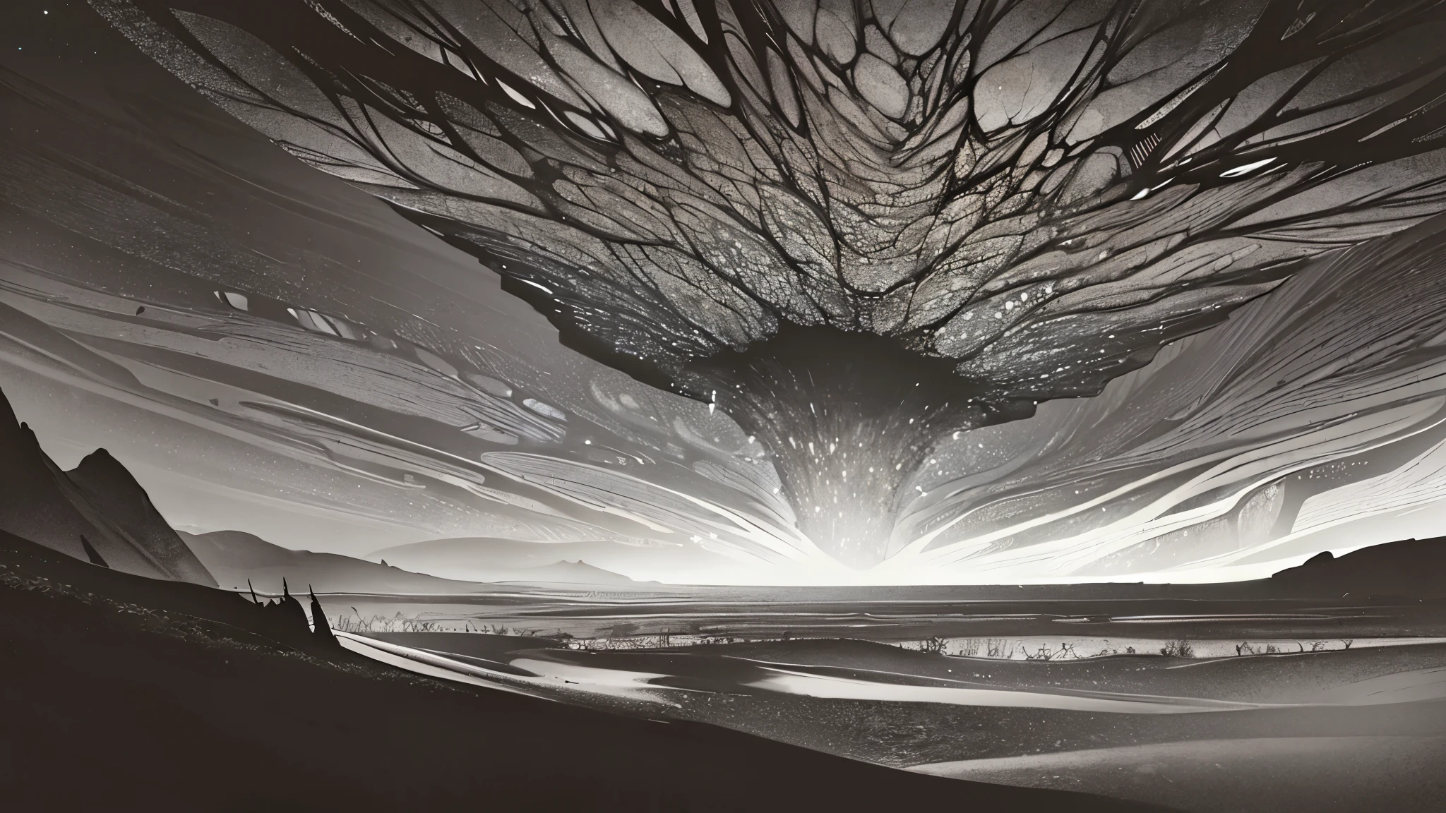 cosmic horror scene on an uninhabited planet unlike anything ever seen, vast vegetation and complex that resembles tentacles, rocks everywhere (large and small), dark gray sky, heavy clouds, mountains in the distance.