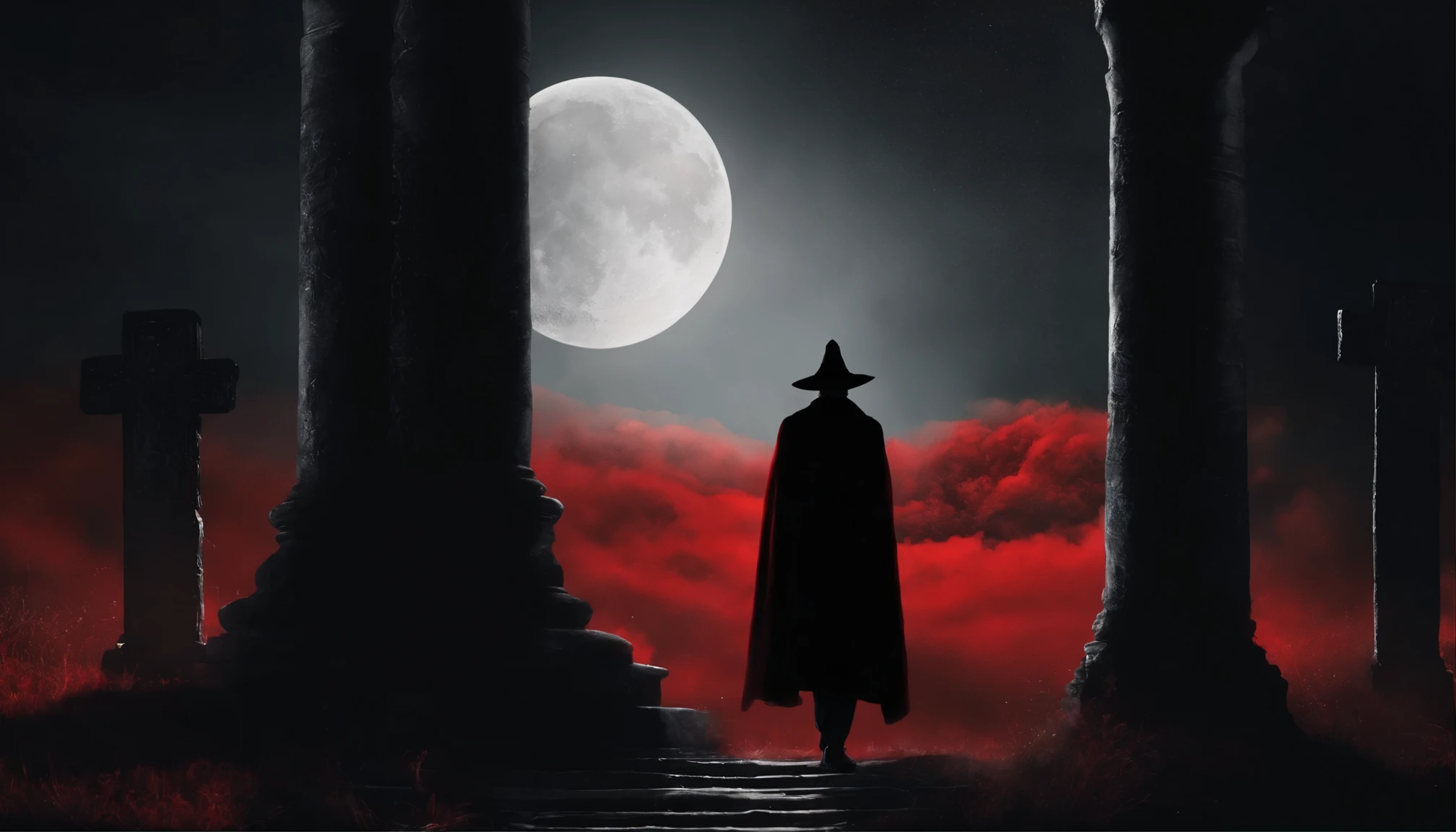 Describe an enigmatic man in a black and red hat, wearing red and black clothes and a black cape, who moves in the night wind. His face has a penetrating look, with strong features, vibrant and mysterious eyes. being in a mystical and mysterious environment under the moonlight and surrounded by crosses.