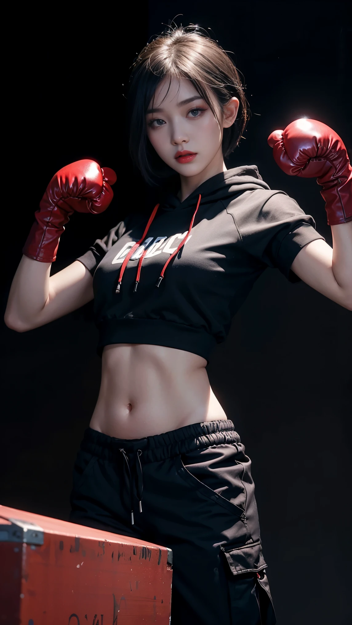 best quality, Clarity, 4k, 8k, detail, actual, Beautiful Girl, Korean makeup, Red lips, blue short haired, Perfect body, stand, pose standing, medium chest, ((black hoodies)), ((black Cargo Box Pants)), (((black boxing gloves))),boxing,dark room background