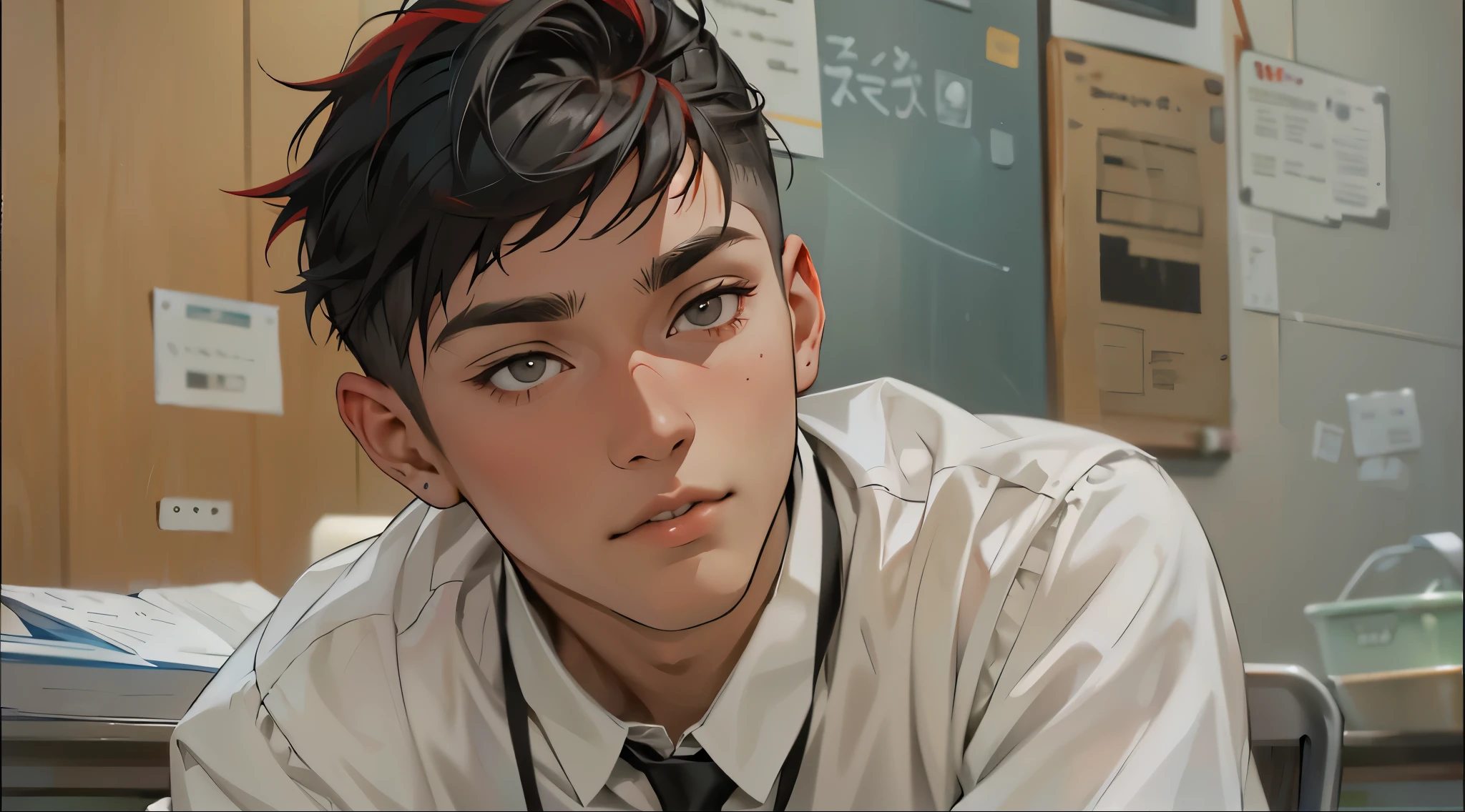 an 18 year old male student with short silver hair with gray eyes sitting in front of his teacher she has long red hair, hacer que hable con la boca abierta