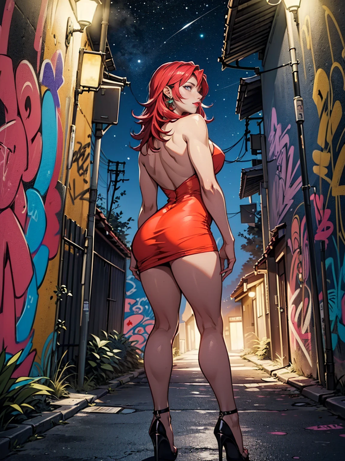 ((TakashiroHiroko, dark purple eyes, red hair, pink lipstick, Extremely detailed, ambient soft lighting, 4k, perfect eyes, a perfect face, perfect lighting, a 1girl, Lush)) austere,((high hell, stiletto high heels, jade earrings, gold jewelry, orange tube dress, tube dress, maliciosa)), night sky, clouds, , lots of , (graffiti alley, graffiti walls, in an alley, night, moonlight, starry night), back, MFBP1