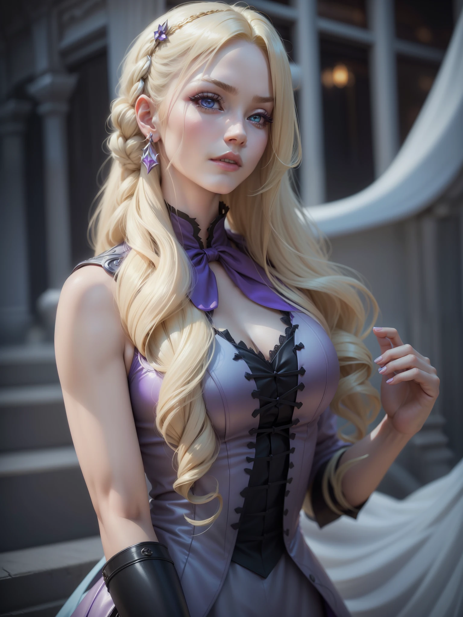 long blond hair woman in purple dress, elegant glamorous cosplay, glamorous cosplay, money, blonde hair princess, money as a super villain, gorgeous cosplay, alexa grace, Epic battle fantasy Natalie, blonde hair with pigtails, Anna Nikonova、Also known as New Milky, Samira from League of Legends,be familiar with,realistic, be familiar with, skin texture, hyper be familiar with, realistic skin texture, armature, highest quality, 超High resolution, (写真realistic:1.4),, High resolution, be familiar with, 
