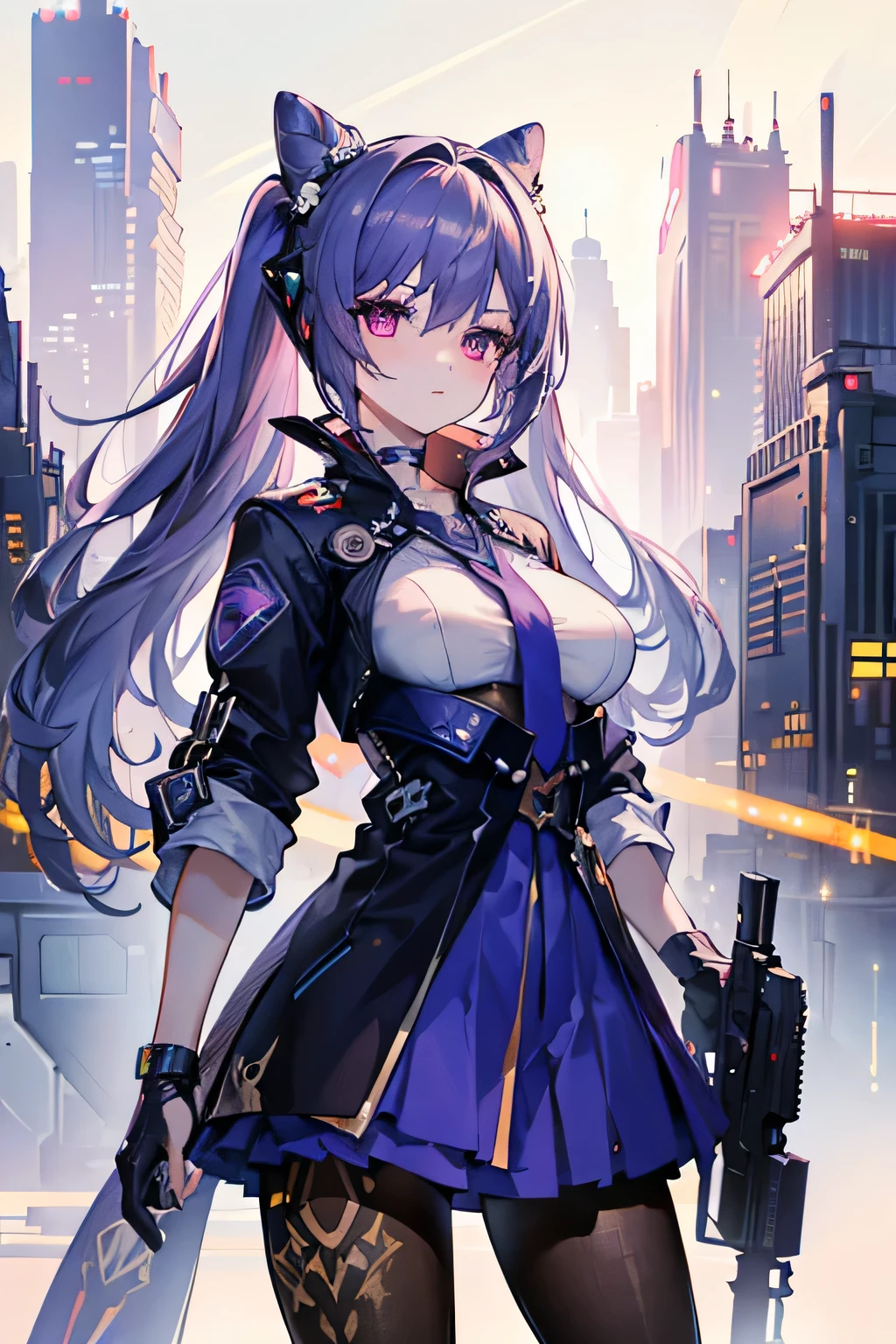 masterpiece,(bestquality),highlydetailed,ultra-detailed,1girl,(cyberpunkcity:1.5,weapon:gun),(fantasylandscape:1.2,natural lighting:1.5,confidentexpression),(panorama:1.2),mecha,
