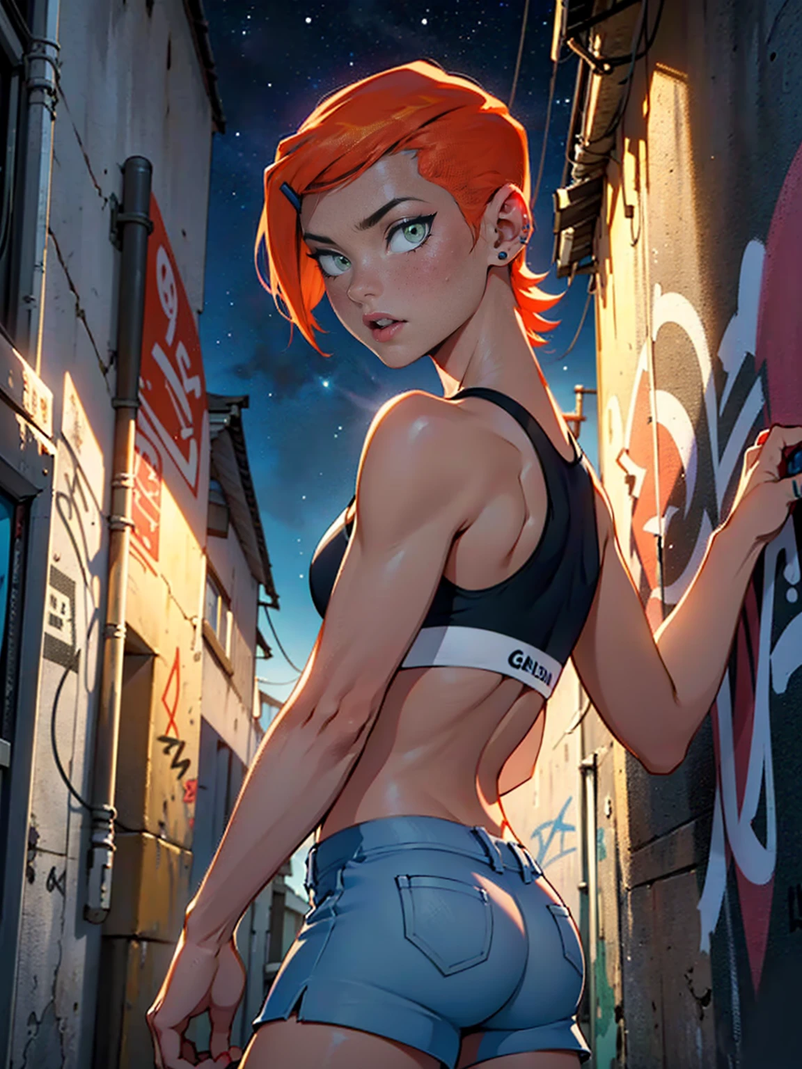 ((gwendolyn_tennyson, shaved side hair)), ((pink lipstick, Extremely detailed, ambient soft lighting, 4k, perfect eyes, a perfect face, perfect lighting, a 1girl)) austere, ((malicious, (sports bra), jeans, short shorts, unbuttoned shorts)), night sky, clouds, erotica, lots of erotica, (graffiti alley, graffiti walls, in an alley, night, moonlight, starry night)