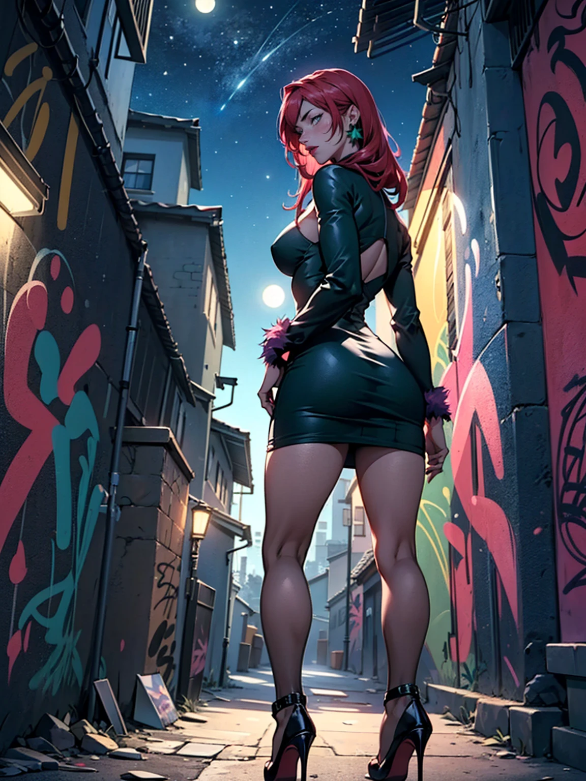 ((alone, solo, 1woman, TakashiroHiroko, dark purple eyes, red hair, pink lipstick, Extremely detailed, ambient soft lighting, 4k, perfect eyes, a perfect face, perfect lighting, a 1girl, Lush)) austere,((high hell, stiletto high heels,malicious, jade earrings, gold jewelry, dark green bodycon dress)), blue sky, clouds, , lots of , (graffiti alley, graffiti walls, in an alley, night, moonlight, starry night), back, malicious