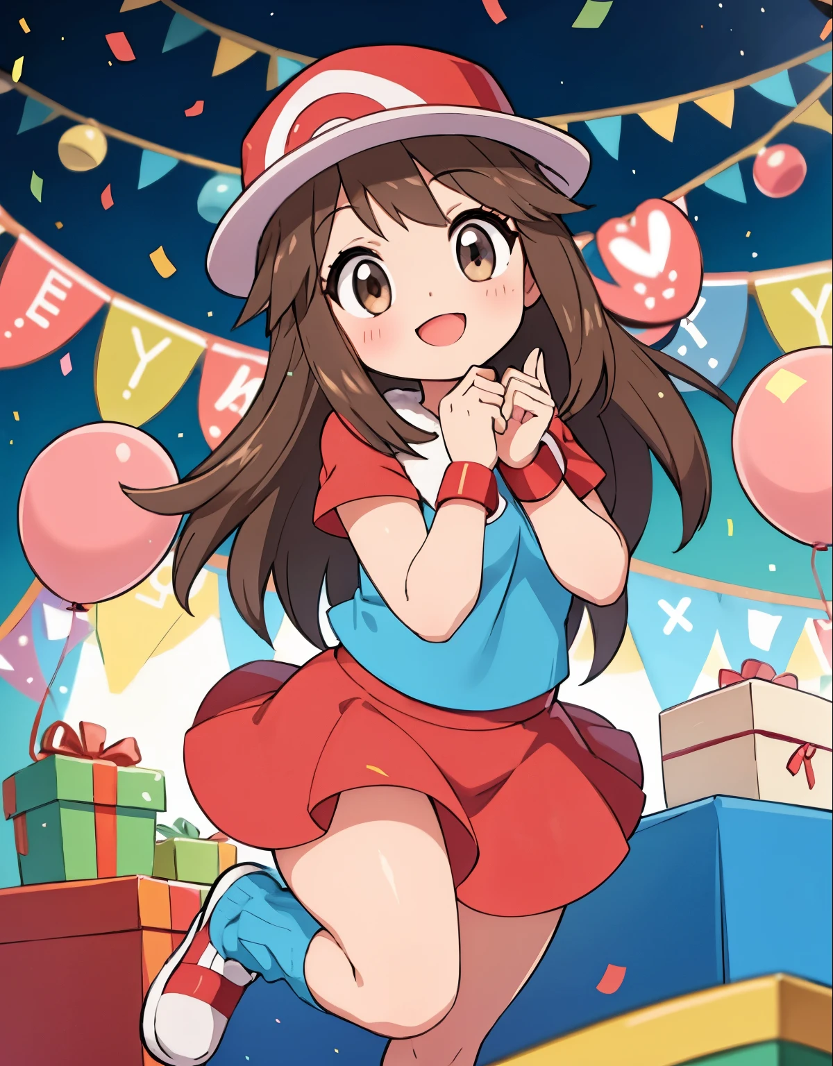 pokemon leaf, opening a gift box with excitement, visible thighs, red skirt, blue shirt, brown eyes, loose socks, white footwear, body shape, chubby thighs, thick thighs, 1guy, Blowjob, falation, beautiful detailed eyes,beautiful detailed lips,extremely detailed eyes and face,longeyelashes,happy expression,birthday party atmosphere,decorative balloons and streamers,colorful confetti,festive atmosphere,happy faces of friends,surprise and joy,sparkling glitter falling down,party hat,cake with candles,a table full of presents,gifts wrapped in colorful paper,brightly lit room,smiling and clapping guests,birthday banner,happy music playing in the background,vivid colors,bokeh,photorealistic portrait style