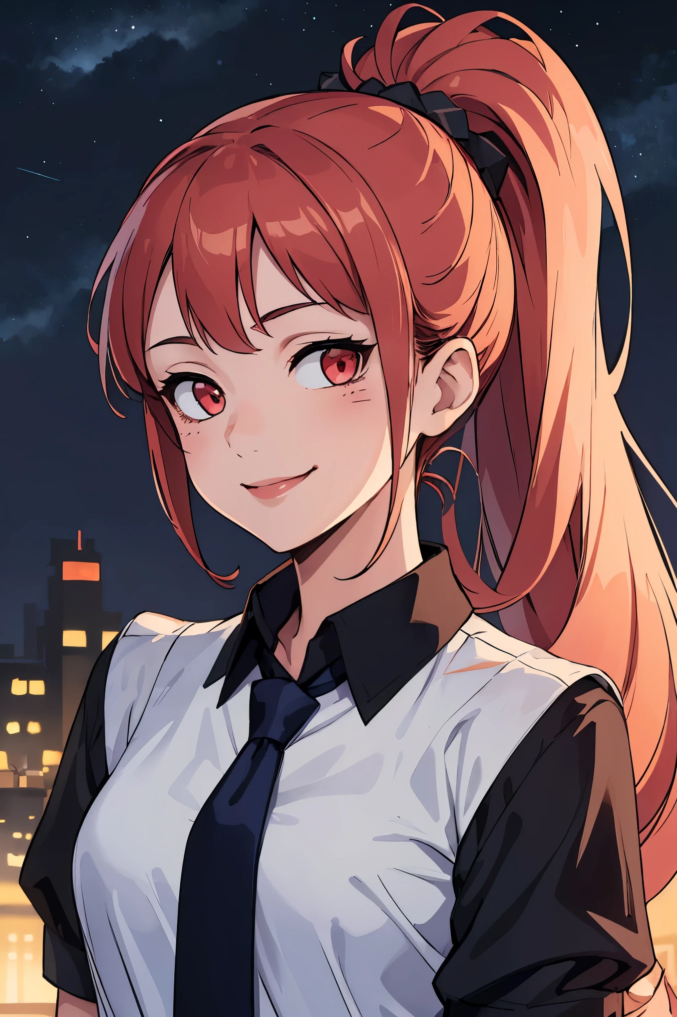 (masterpiece, best quality:1.2), upper body, solo, 1girl, meimeipast, smile, looking at viewer, ponytail, black shirt, white necktie, night, star \(sky\) 