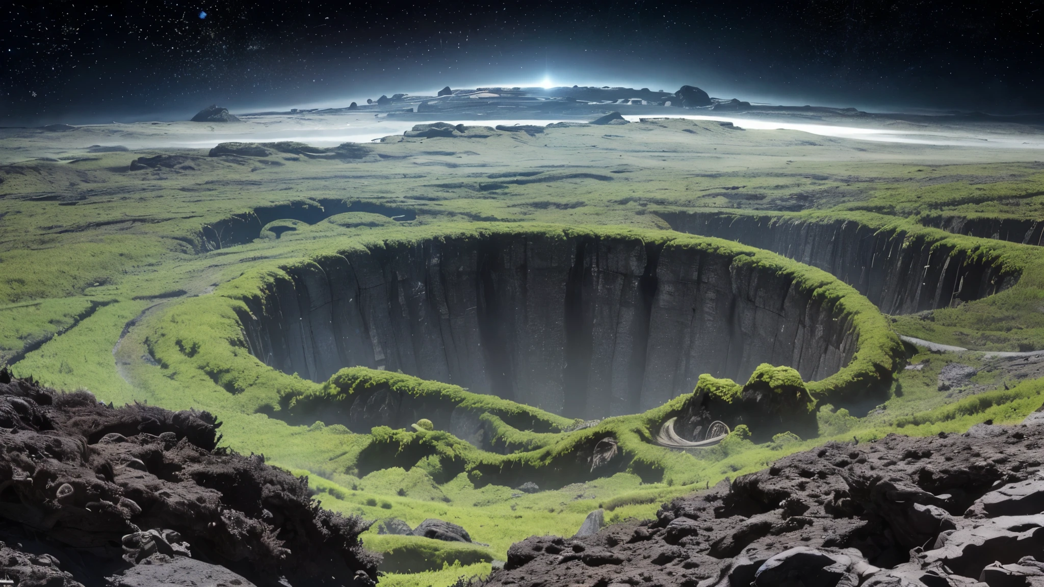 cosmic horror scene on an uninhabited planet unlike anything ever seen, vast vegetation and complex that resembles tentacles, rocks everywhere (large and small), dark gray sky, heavy clouds, mountains in the distance.