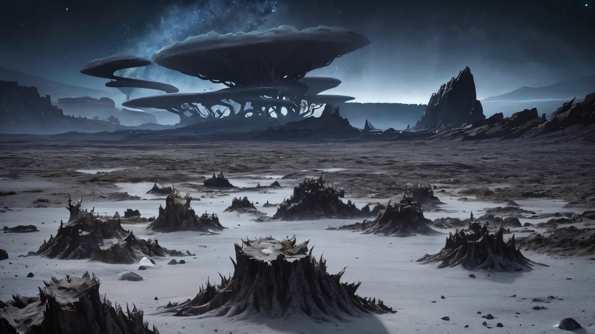 cosmic horror scene on an uninhabited planet unlike anything ever seen, vast vegetation and complex that resembles tentacles, rocks everywhere (large and small), dark gray sky, heavy clouds, mountains in the distance.