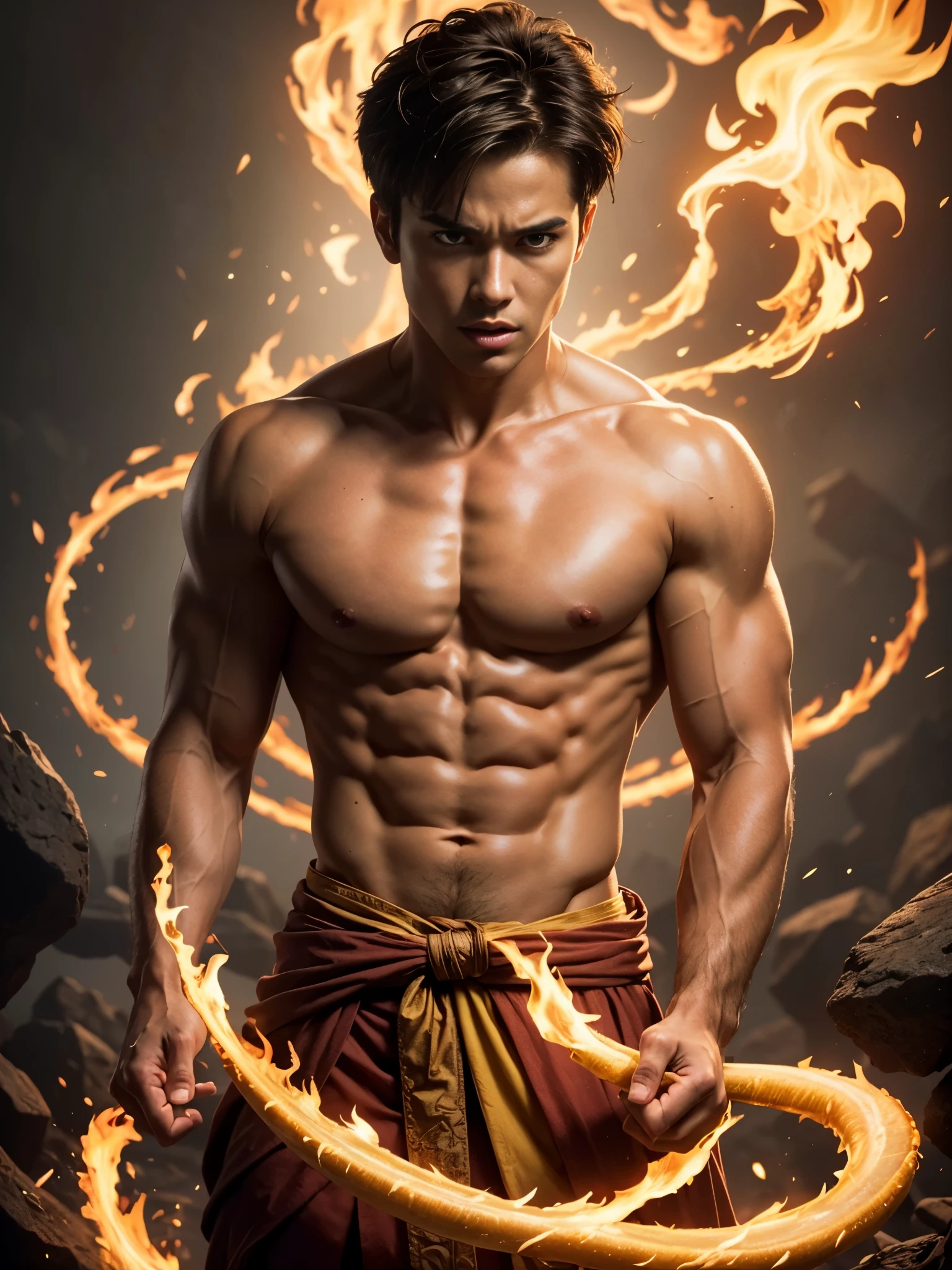 Photorealistic, masculine handsome male model, masculine Asian mix guy, mixed race, (angry:1.3), (young, :1.5), ((best quality)), ((masterpiece)), (detailed), (barechested:1.4). Portrait of young Prince Zuko from "Avatar: The Last Airbender". portrait him with a strong square jawline, gaunt cheeks, and skinny face, shirtless, stark white scar that snakes across his right eye, (yellow pupil eyes:1.4), (messy dark hair), he is a pyromancer, fire bender.
