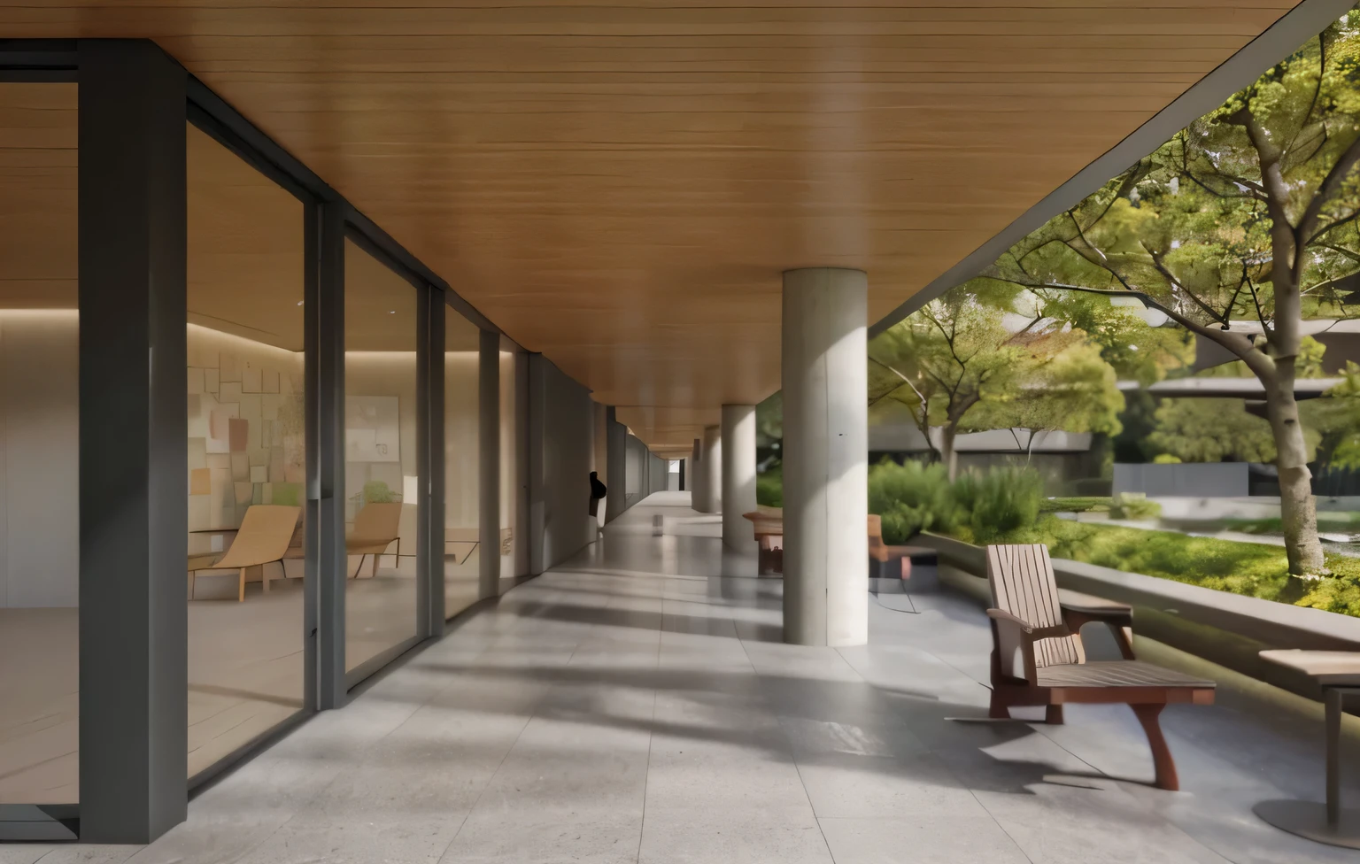 there is a long walkway with a bench and people, pessoas elegantes entre colunas, inspired Direction: David Chipperfield, hyper-realistic rendering, hyper-realistic rendering, inspired by Tadao Ando, digital rendering, a photorealistic rendering, Direction: David Chipperfield, detailed rendering, low angle dimetric rendering, um hiper-realista, highly photographic rendering
