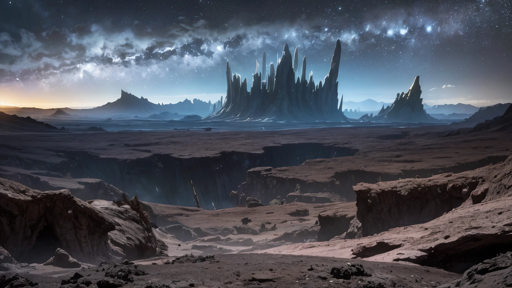 cosmic horror scene on an uninhabited planet unlike anything ever seen, vast vegetation and complex that resembles tentacles, rocks everywhere (large and small), dark gray sky, heavy clouds, mountains in the distance.